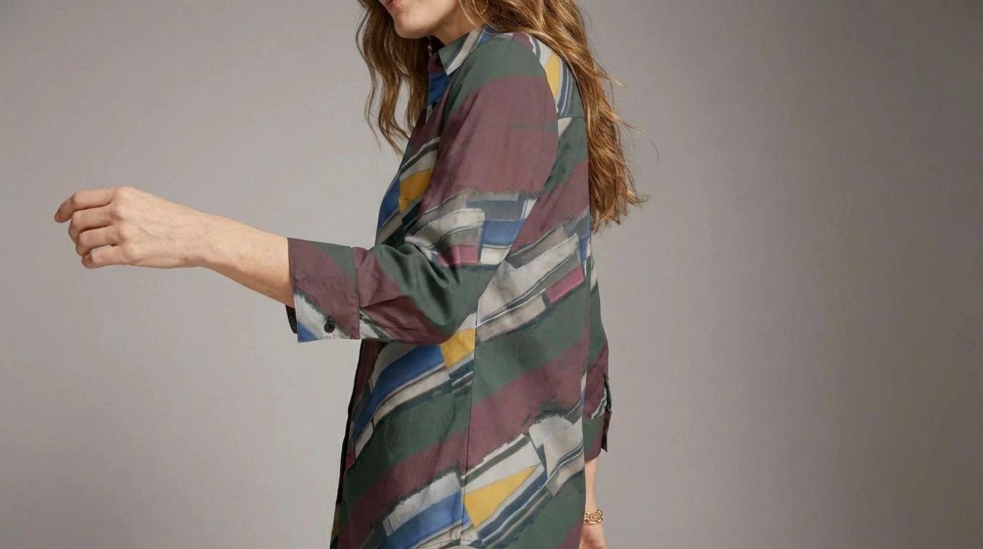 Modern Abstract Geometric Brushstroke Blouse for Earthy Jewel Tone Dressers — Dyles Mavis AOP Acid Marble Top, Chaos-Core Liquid Stretch Fashion