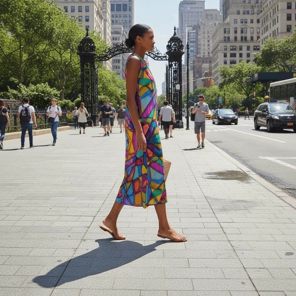 Maximalist Abstract Slub Cotton Summer Dress for Creative Fashion Dressers — AOP Sleeveless Midi, Artistic Warm-Weather Statement