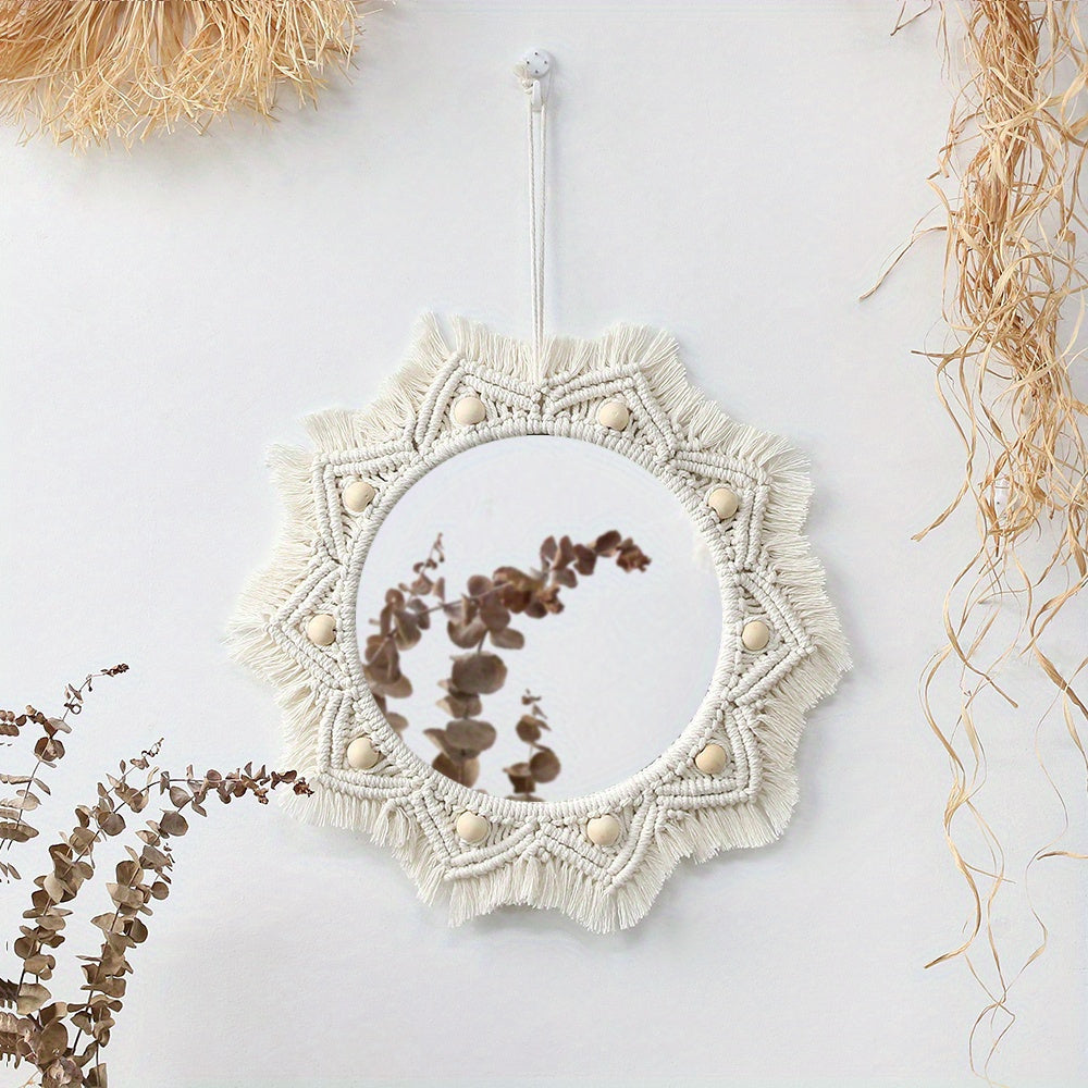 Boho Chic Round Wall Mirror with Macrame Fringe - P2FV