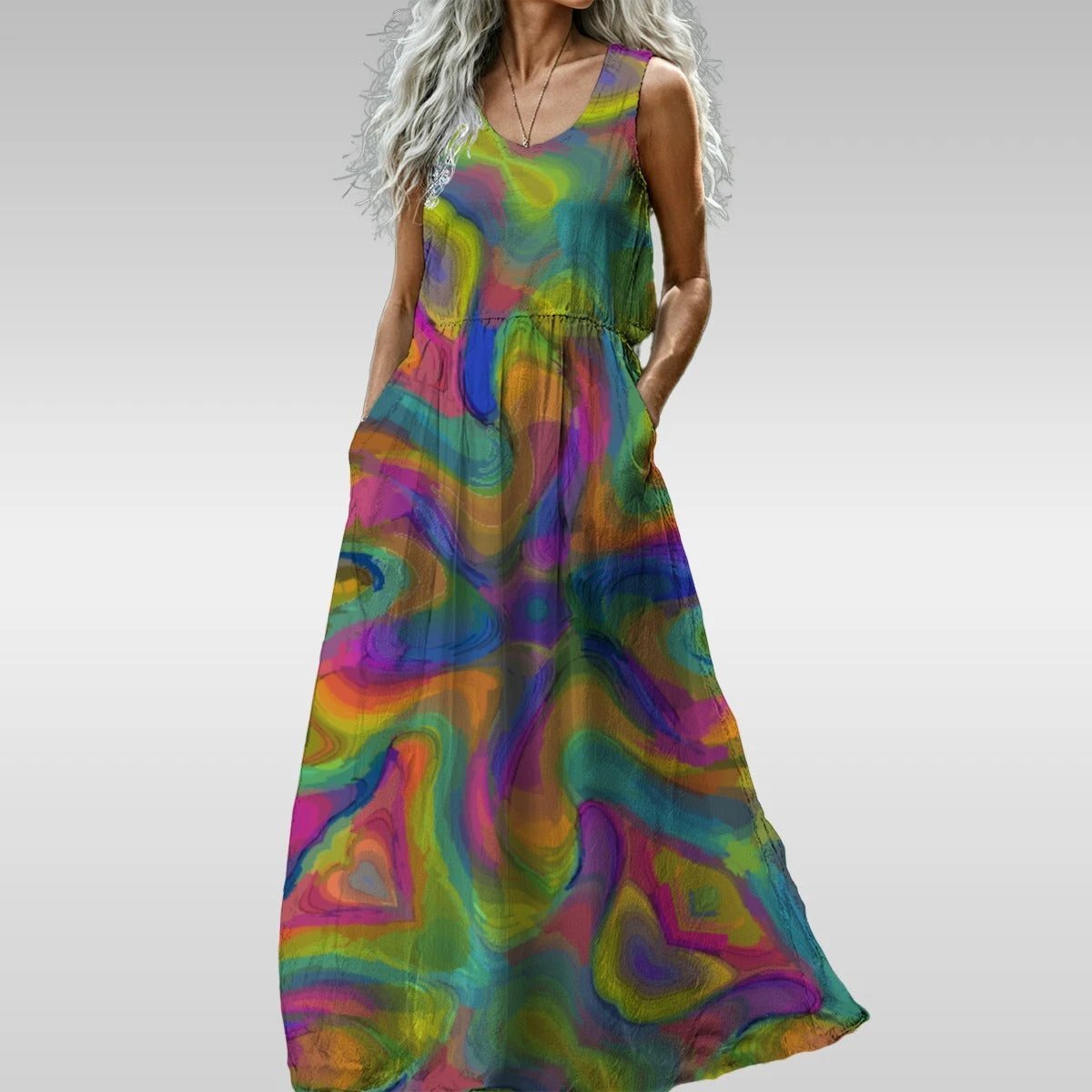 Tropical Leaf Maxi Dress for Botanical Aesthetic Lovers — AOP Sleeveless Blue Toned Floral, Summer Festival Dress, Art-Forward Women's Floor-Length