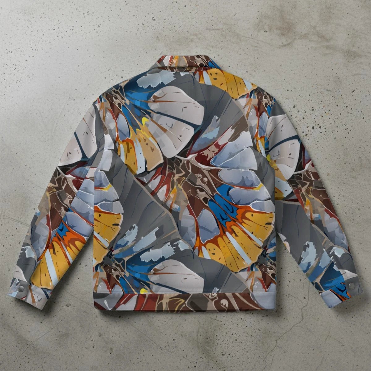 Glacier Shard Collared Jacket — Icy Blue Abstract Patchwork AOP Outerwear for Cool-Tone Maximalists