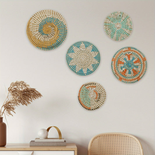 5pcs Bohemian Handcrafted Wooden Woven Wall Basket Set - S1ML