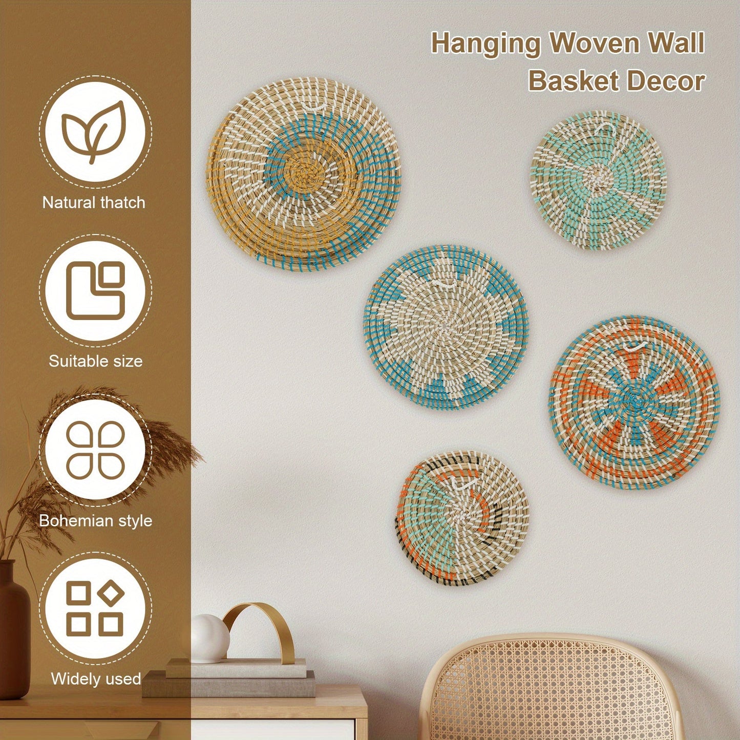 5pcs Bohemian Handcrafted Wooden Woven Wall Basket Set - S1ML