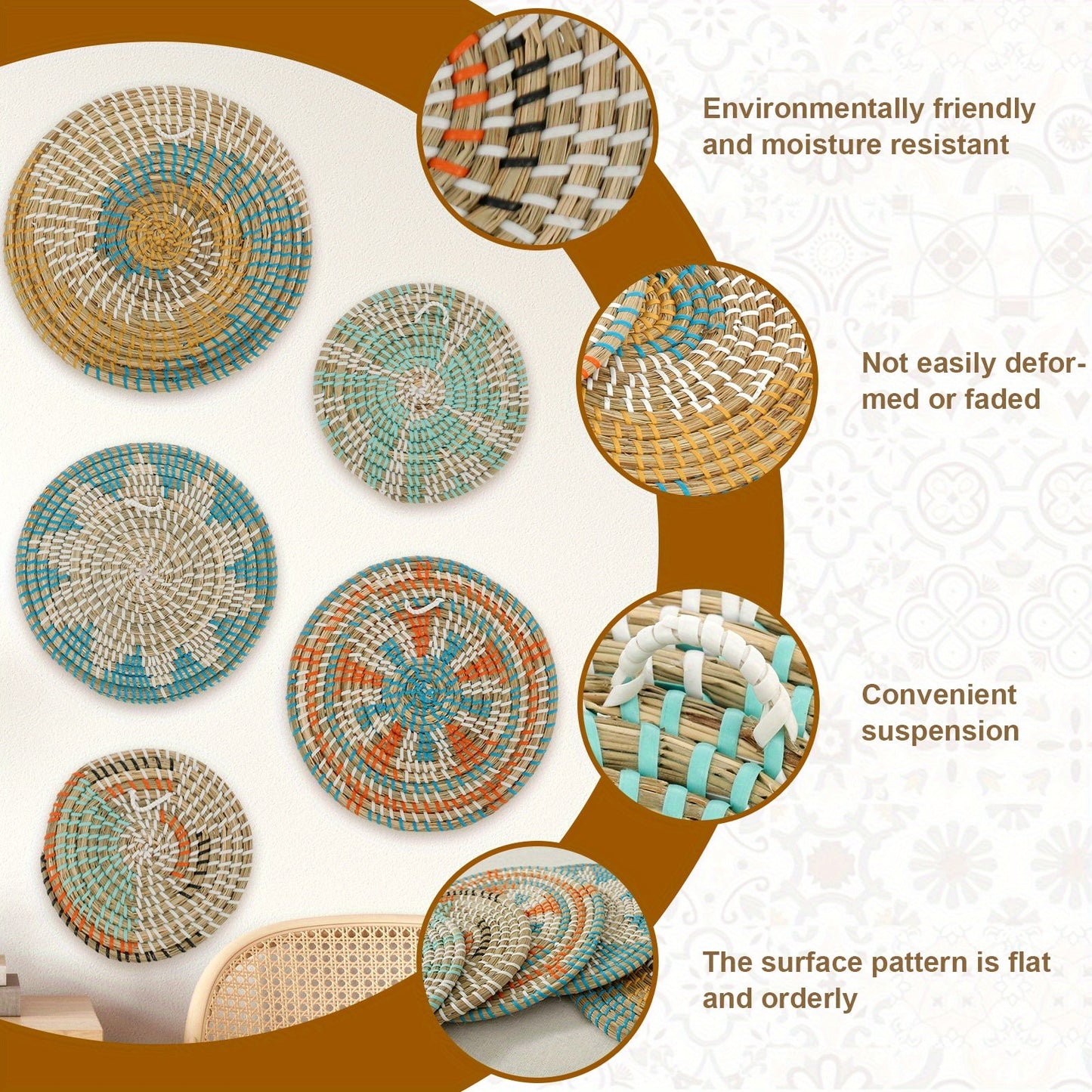 5pcs Bohemian Handcrafted Wooden Woven Wall Basket Set - S1ML