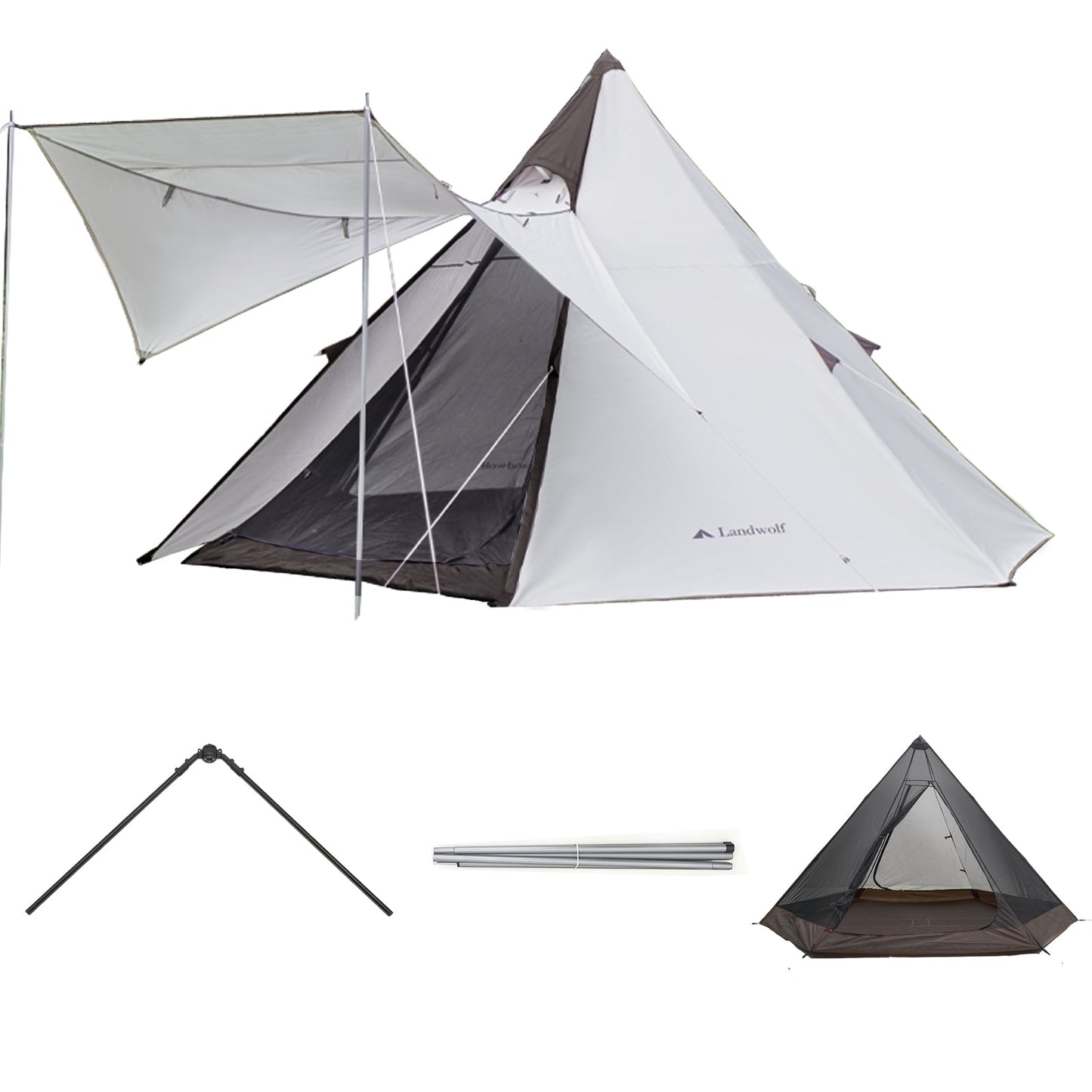 アウトドア キャンプ 二重構造 防雨型ピラミッド型荒野用インディアンスタイルテント センターポールなし シルバー