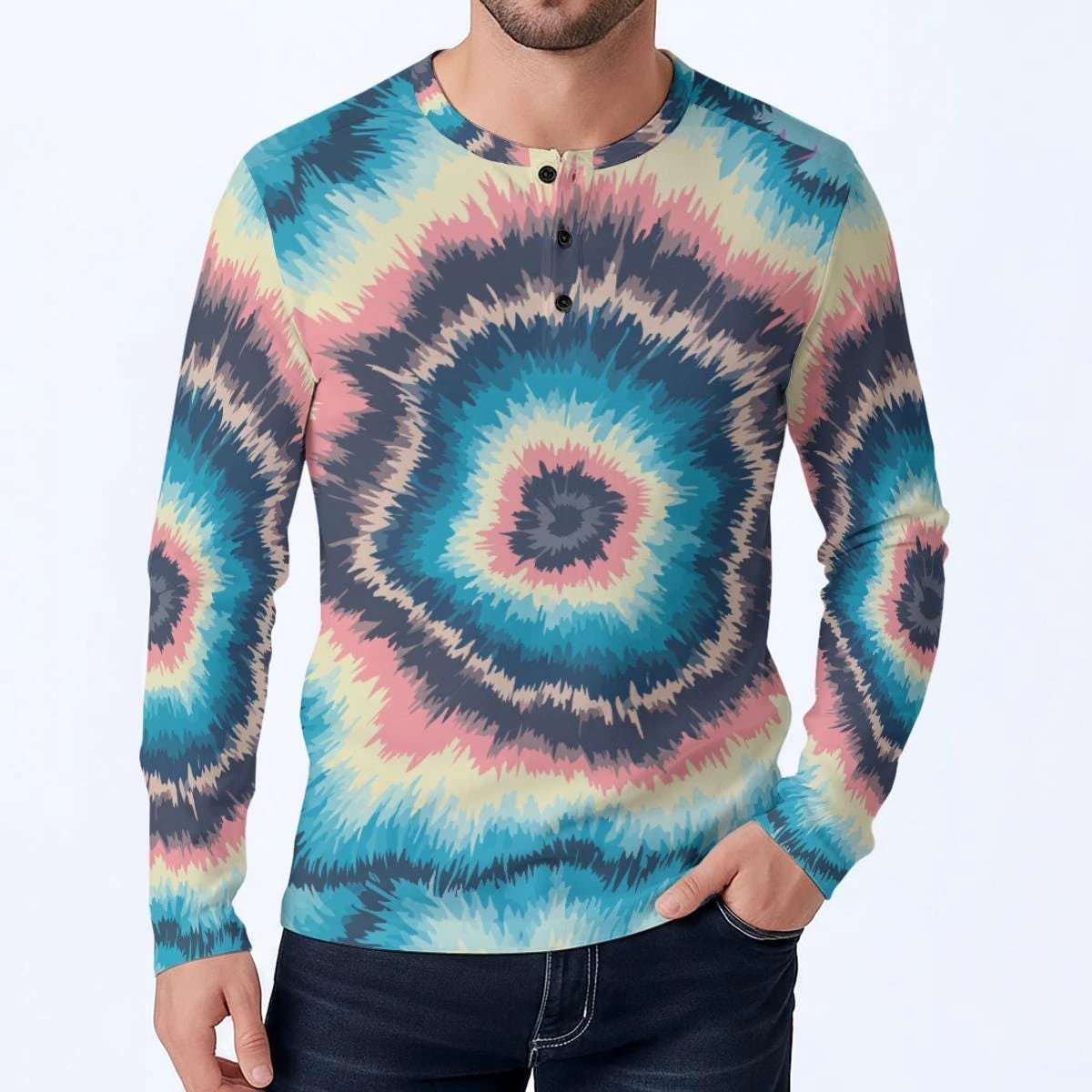Cyber-Marble Liquid Glitch Henley for Cyberpunk Streetwear Collectors — Deep Swirl AOP Long Sleeve, 280gsm Polyester-Spandex