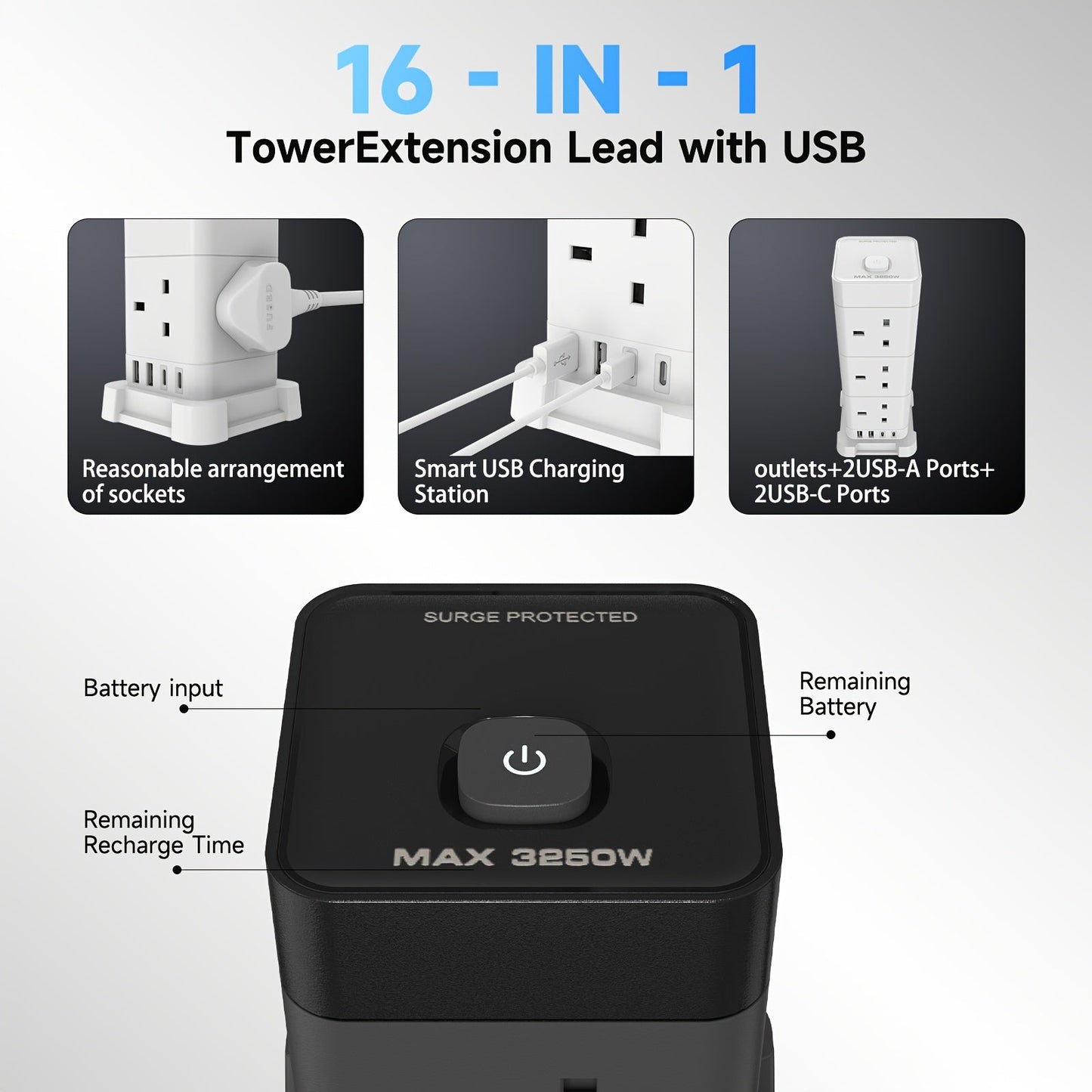 12-Outlet Tower Extension Lead with 4 USB Ports TJR3L6N