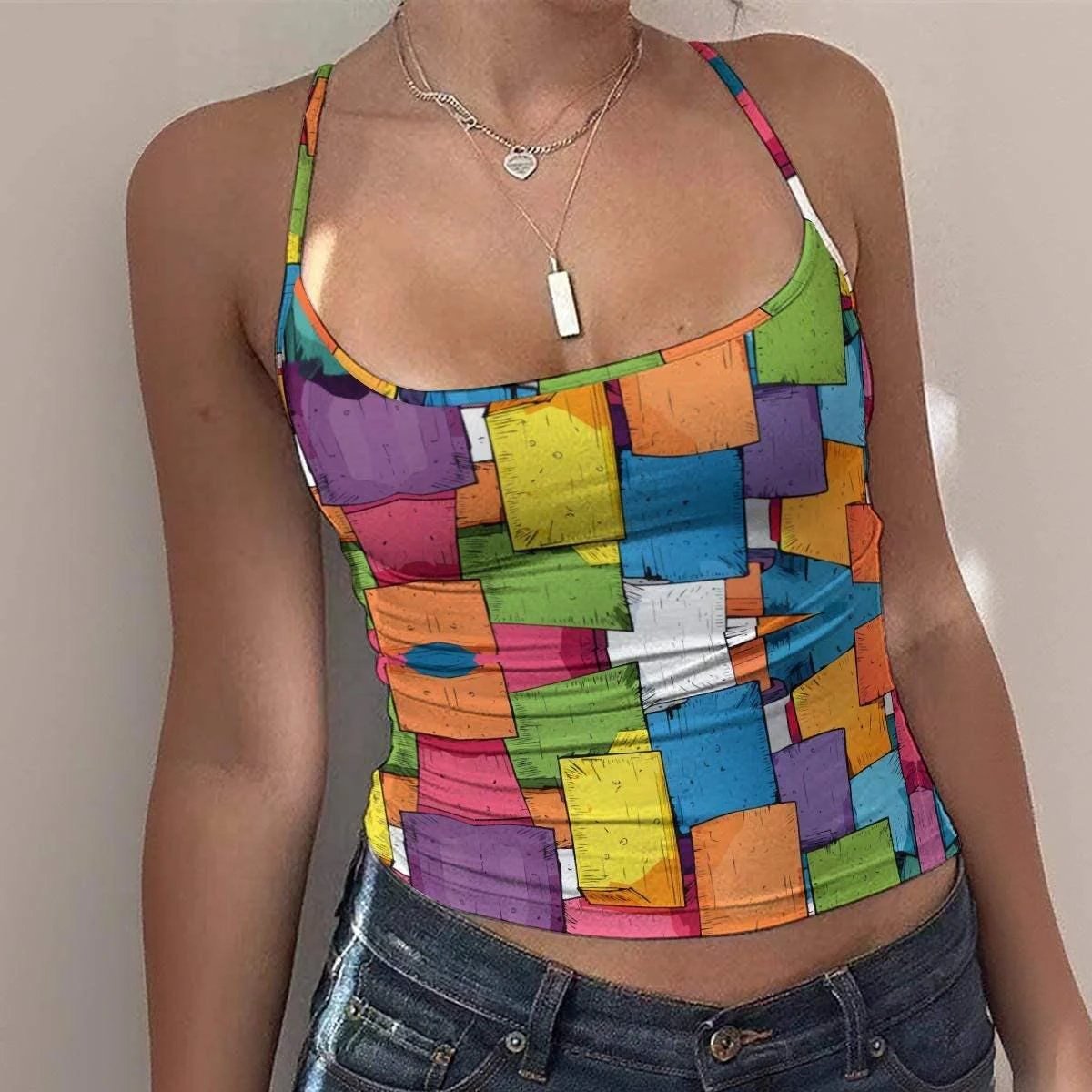 Geometric Color Block Spaghetti Strap Vest for Chic Self-Expressers — Bold AOP Women's Tank, Modern Art-Pattern Sleeveless
