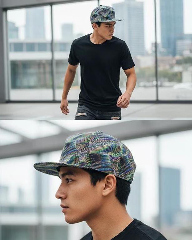 Main Character Flat Brim for Streetwear Collectors — Fractal Art AOP Snapback, Psychedelic Festival Cap, Alt Fashion Headwear, Moss Teal Ochre Print