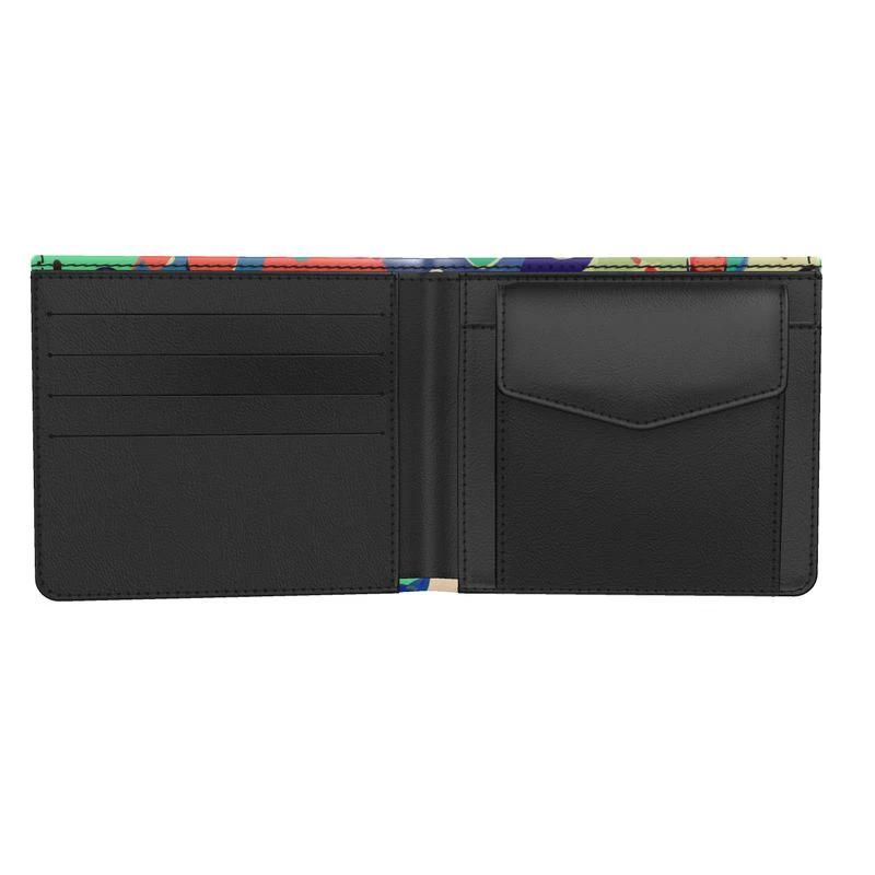 Paint Splat Confetti Leather Wallet — White Multicolor Drip-Dot AOP Bifold, Wearable Art Carry
