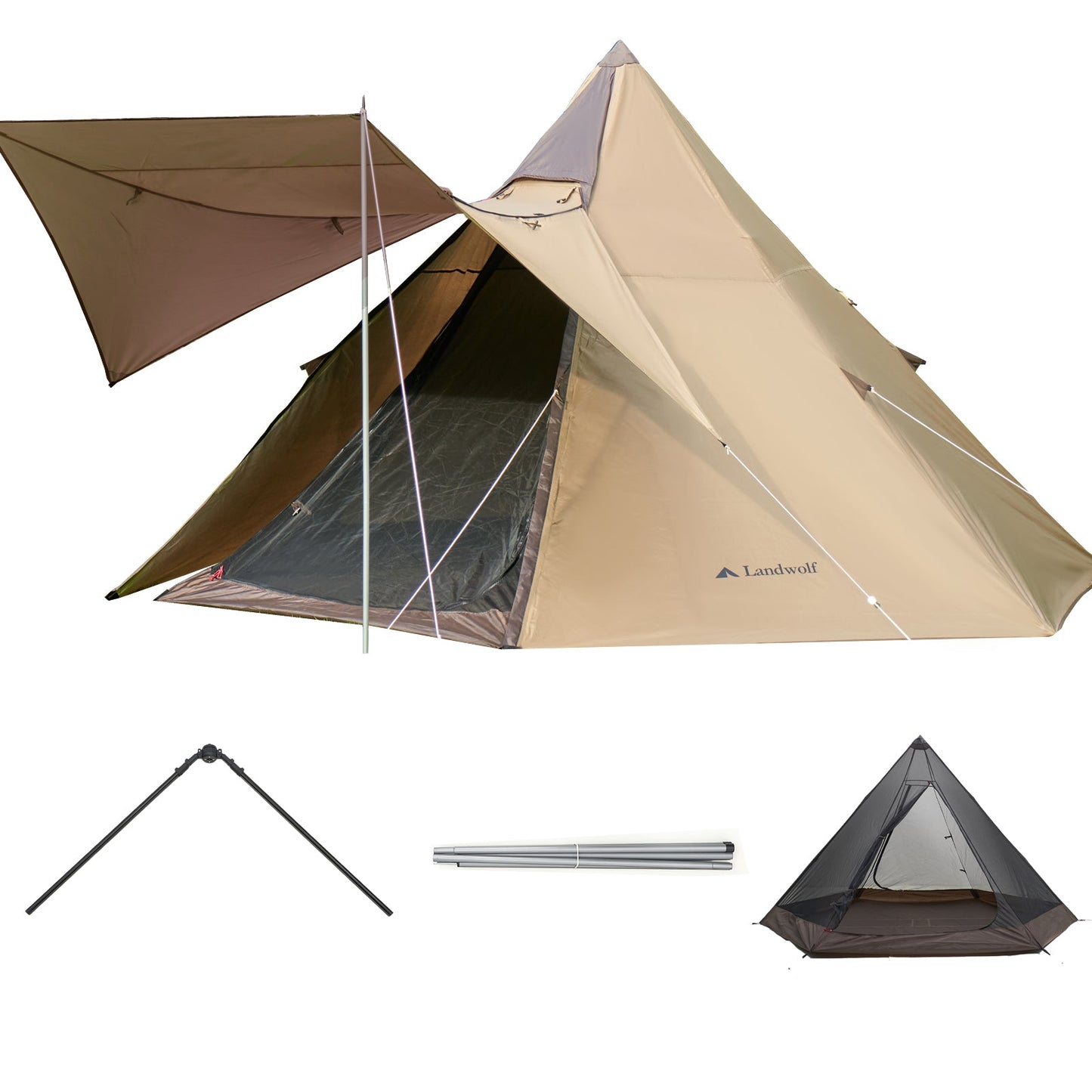 アウトドア キャンプ 二重構造 防雨型ピラミッド型荒野用インディアンスタイルテント センターポールなし シルバー