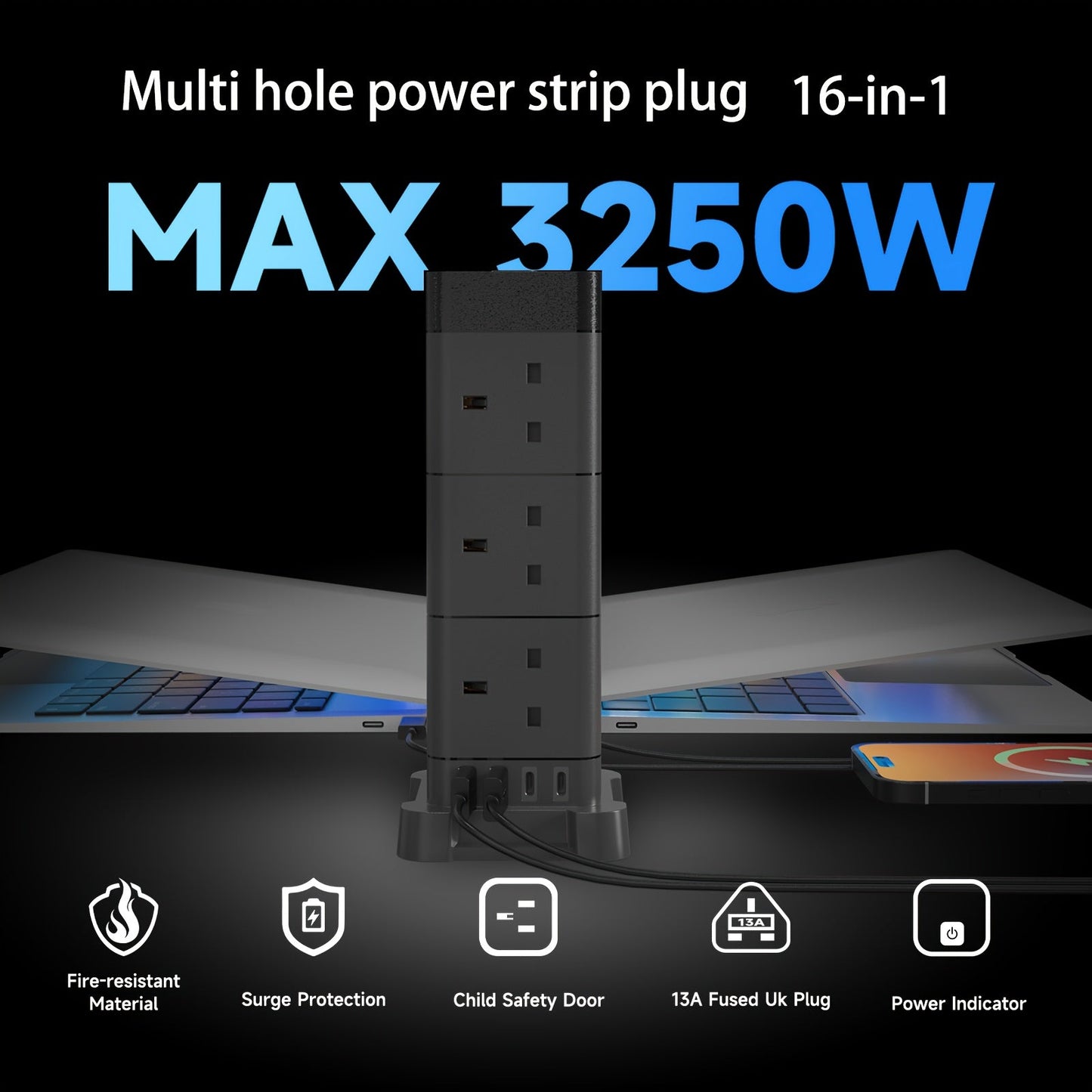 12-Outlet Tower Extension Lead with 4 USB Ports TJR3L6N
