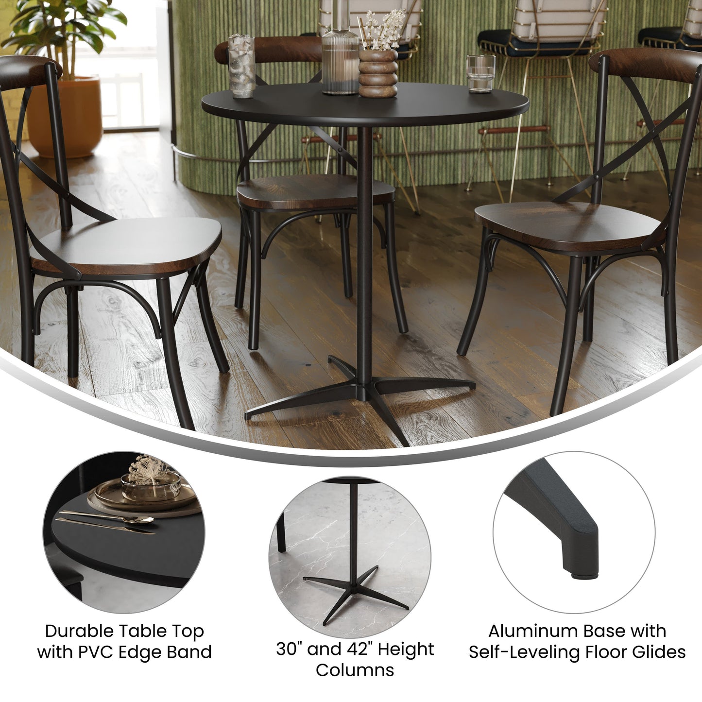 30'' Round Wood Cocktail Table with 30'' and 42'' Columns