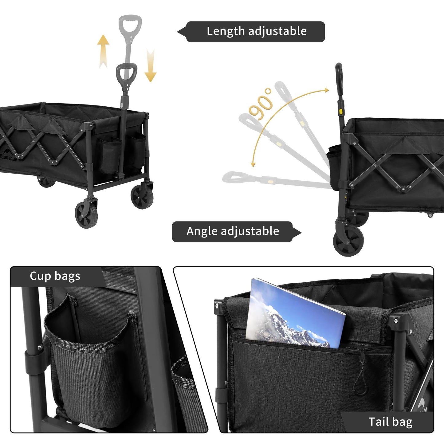 Naturehike Lightweight Camping Cart Portable Collapsible Large Capacity Wagon Cart 80 Liters Maximum 100 Liters Garden Outdoor Park Utility Beach Trolley