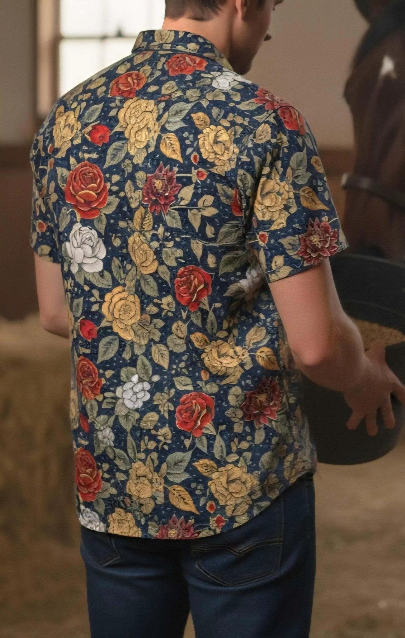 Space Cowboy Retro Polo Shirt - Western Roses & Celestial Night Sky All-Over Print Top