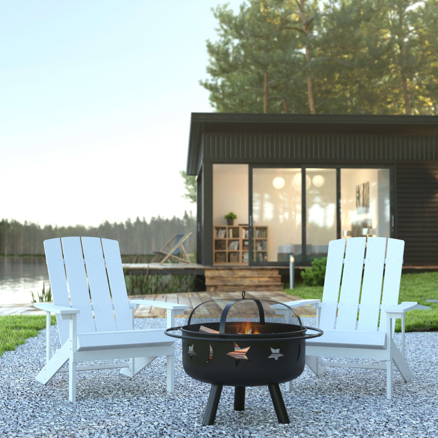 3 Piece Charlestown Poly Resin Wood Adirondack Chair Set with Fire Pit - Star and Moon Fire Pit with Mesh Cover