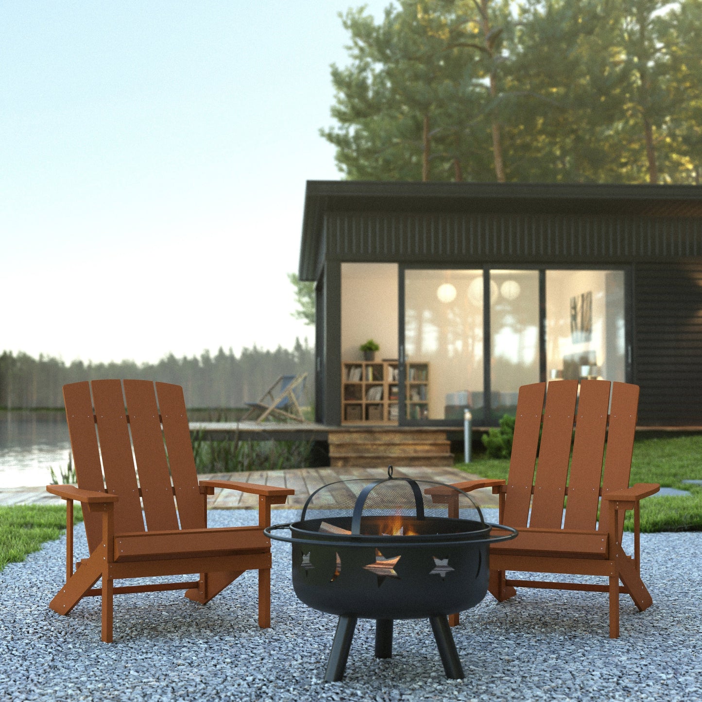 3 Piece Charlestown Poly Resin Wood Adirondack Chair Set with Fire Pit - Star and Moon Fire Pit with Mesh Cover
