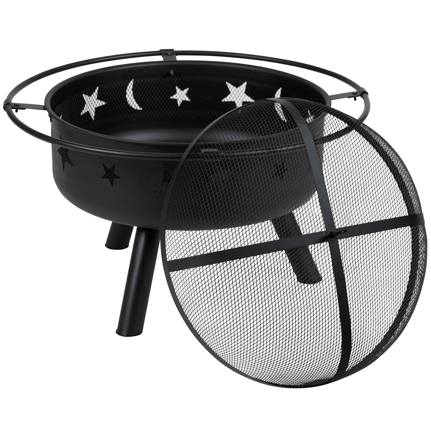 3 Piece Charlestown Poly Resin Wood Adirondack Chair Set with Fire Pit - Star and Moon Fire Pit with Mesh Cover
