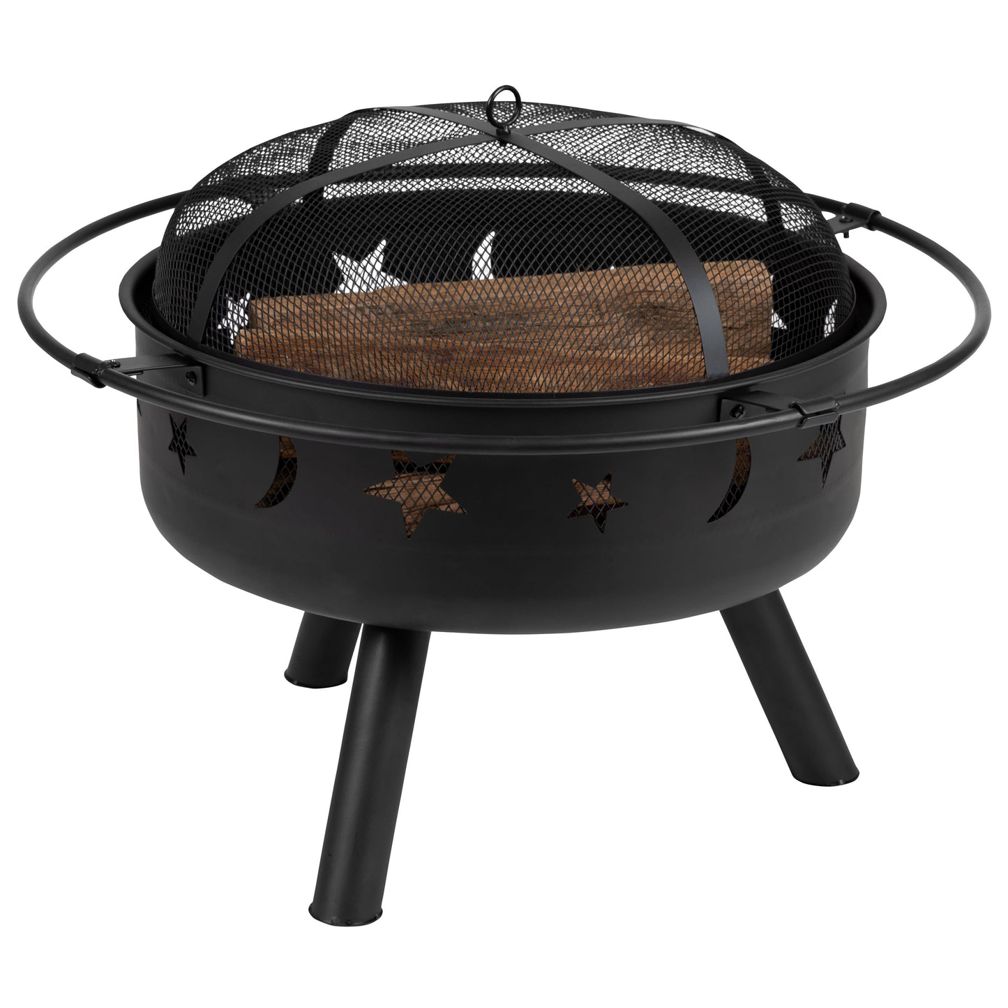 3 Piece Charlestown Poly Resin Wood Adirondack Chair Set with Fire Pit - Star and Moon Fire Pit with Mesh Cover