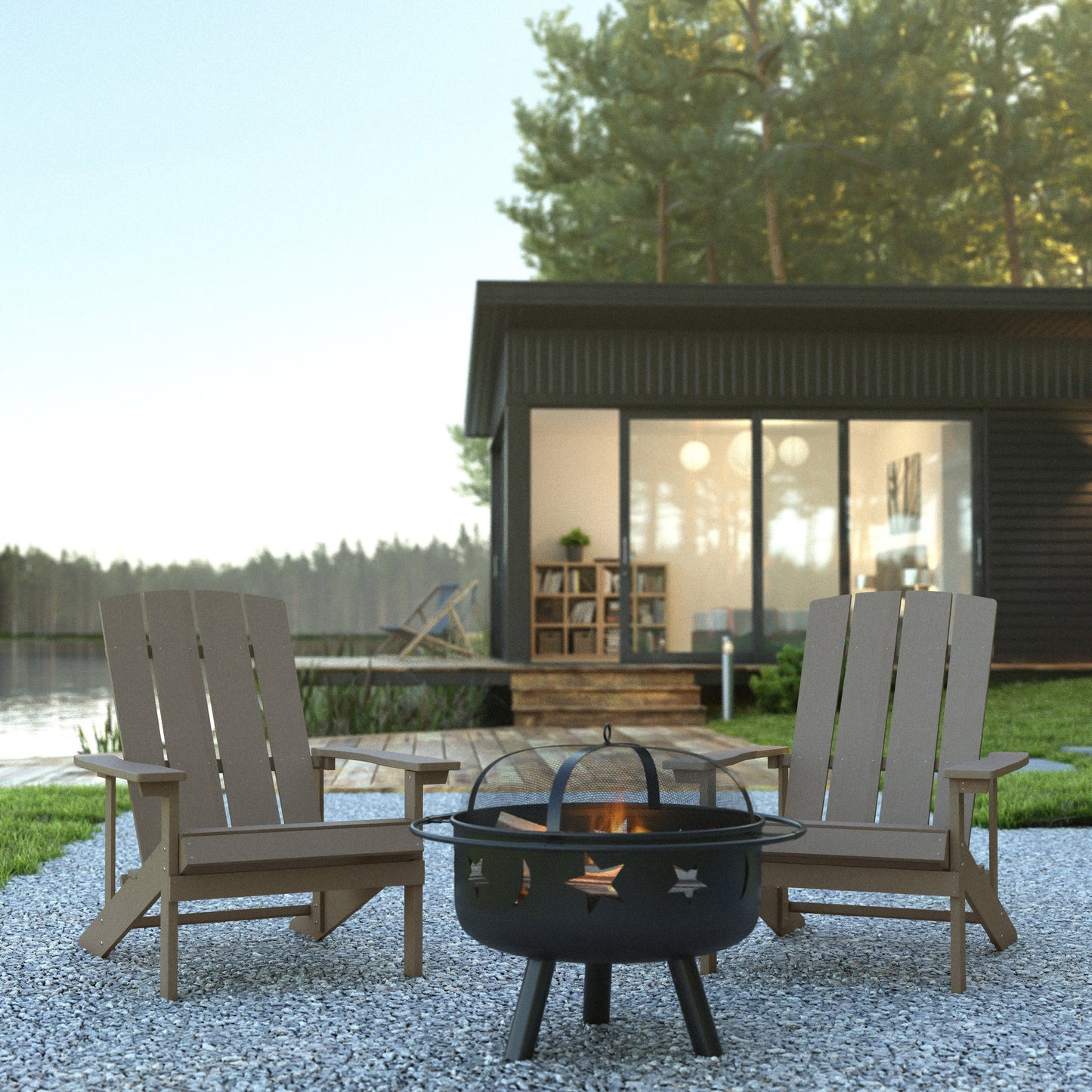 3 Piece Charlestown Poly Resin Wood Adirondack Chair Set with Fire Pit - Star and Moon Fire Pit with Mesh Cover