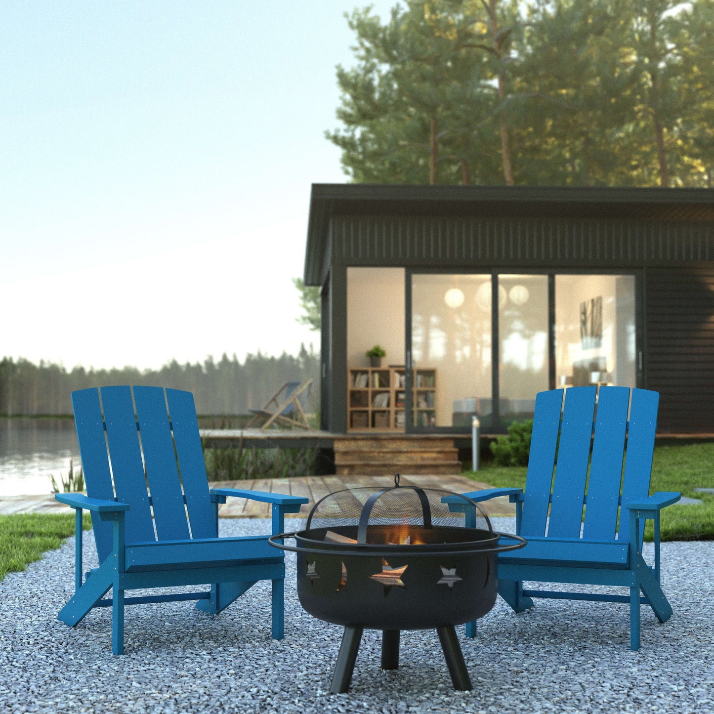 3 Piece Charlestown Poly Resin Wood Adirondack Chair Set with Fire Pit - Star and Moon Fire Pit with Mesh Cover