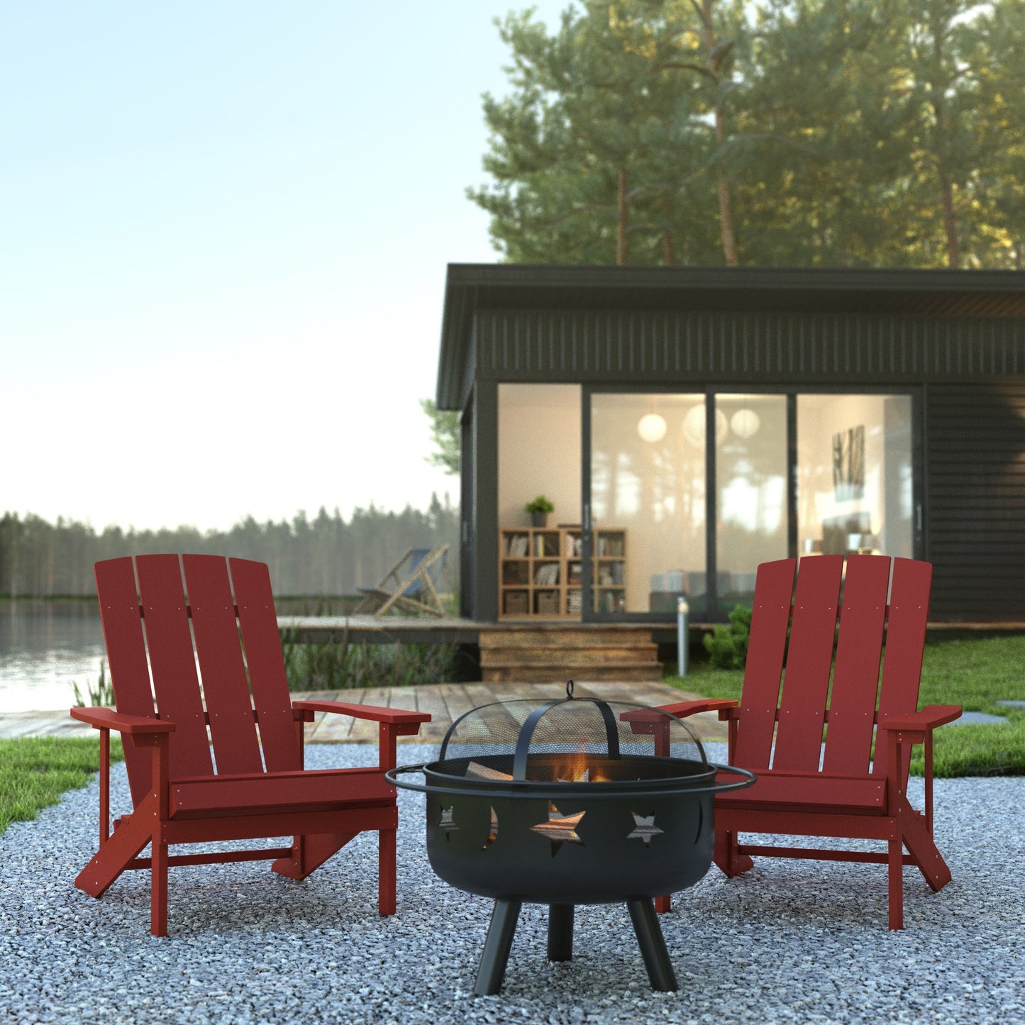 3 Piece Charlestown Poly Resin Wood Adirondack Chair Set with Fire Pit - Star and Moon Fire Pit with Mesh Cover