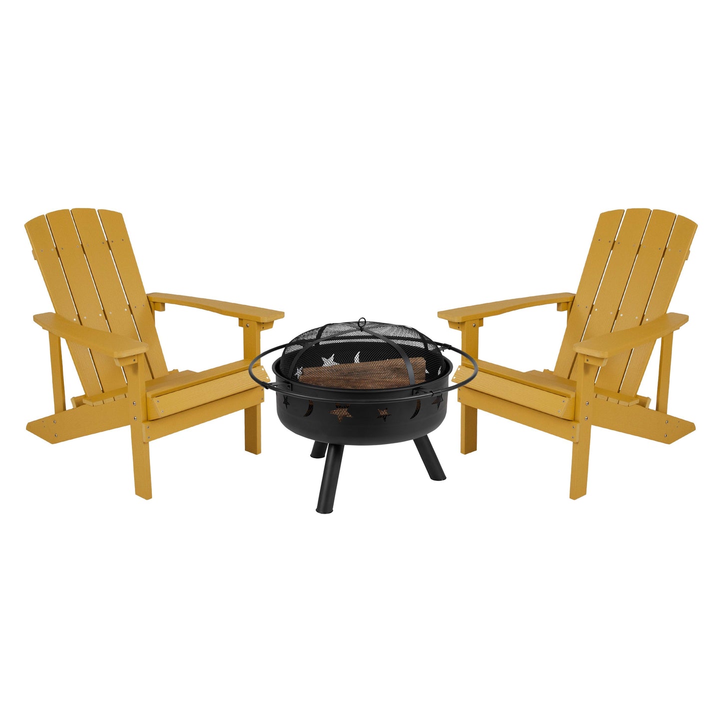 3 Piece Charlestown Poly Resin Wood Adirondack Chair Set with Fire Pit - Star and Moon Fire Pit with Mesh Cover