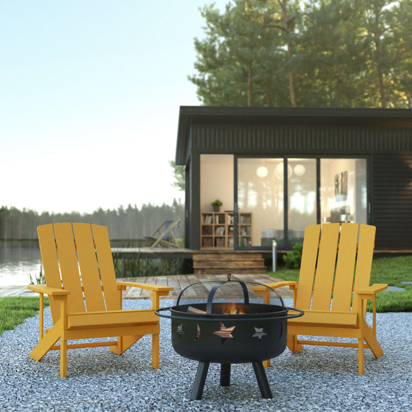3 Piece Charlestown Poly Resin Wood Adirondack Chair Set with Fire Pit - Star and Moon Fire Pit with Mesh Cover