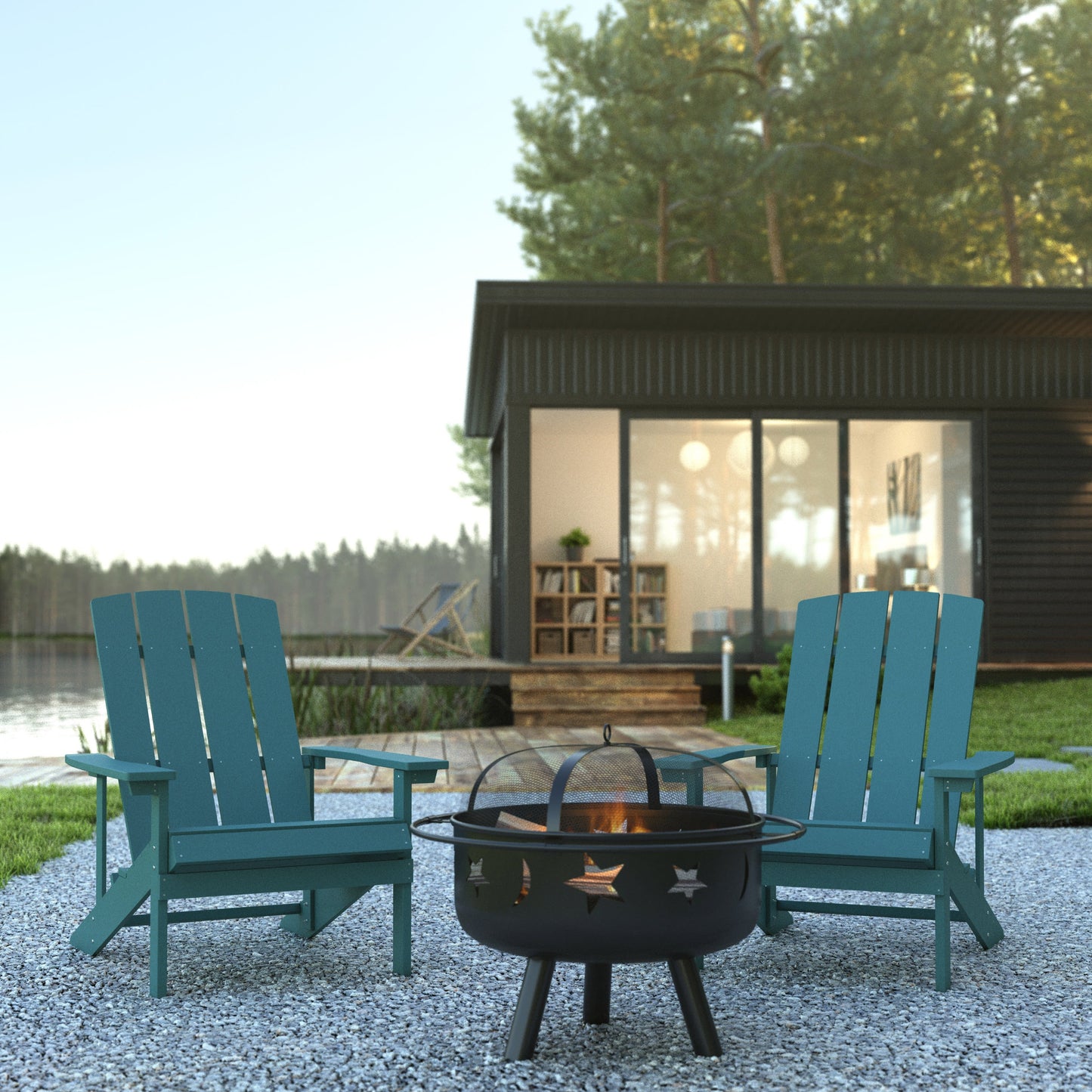 3 Piece Charlestown Poly Resin Wood Adirondack Chair Set with Fire Pit - Star and Moon Fire Pit with Mesh Cover