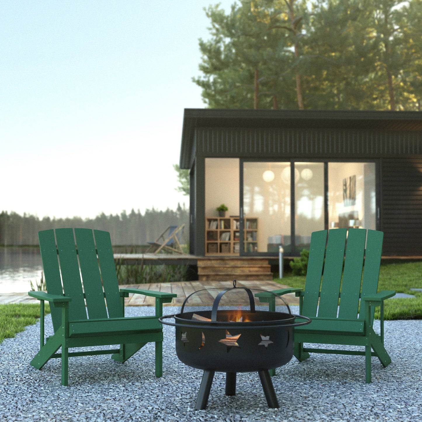 3 Piece Charlestown Poly Resin Wood Adirondack Chair Set with Fire Pit - Star and Moon Fire Pit with Mesh Cover