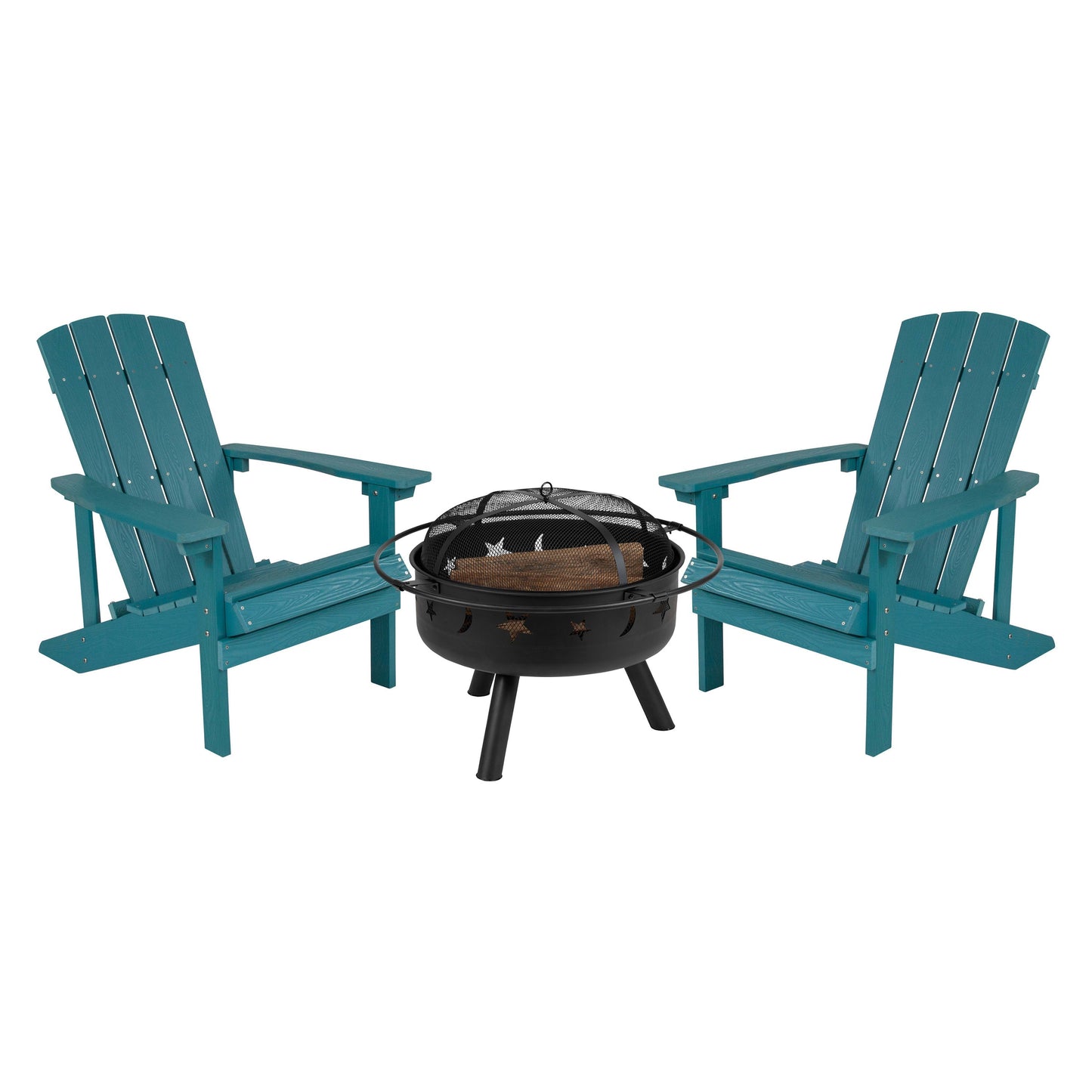 3 Piece Charlestown Poly Resin Wood Adirondack Chair Set with Fire Pit - Star and Moon Fire Pit with Mesh Cover