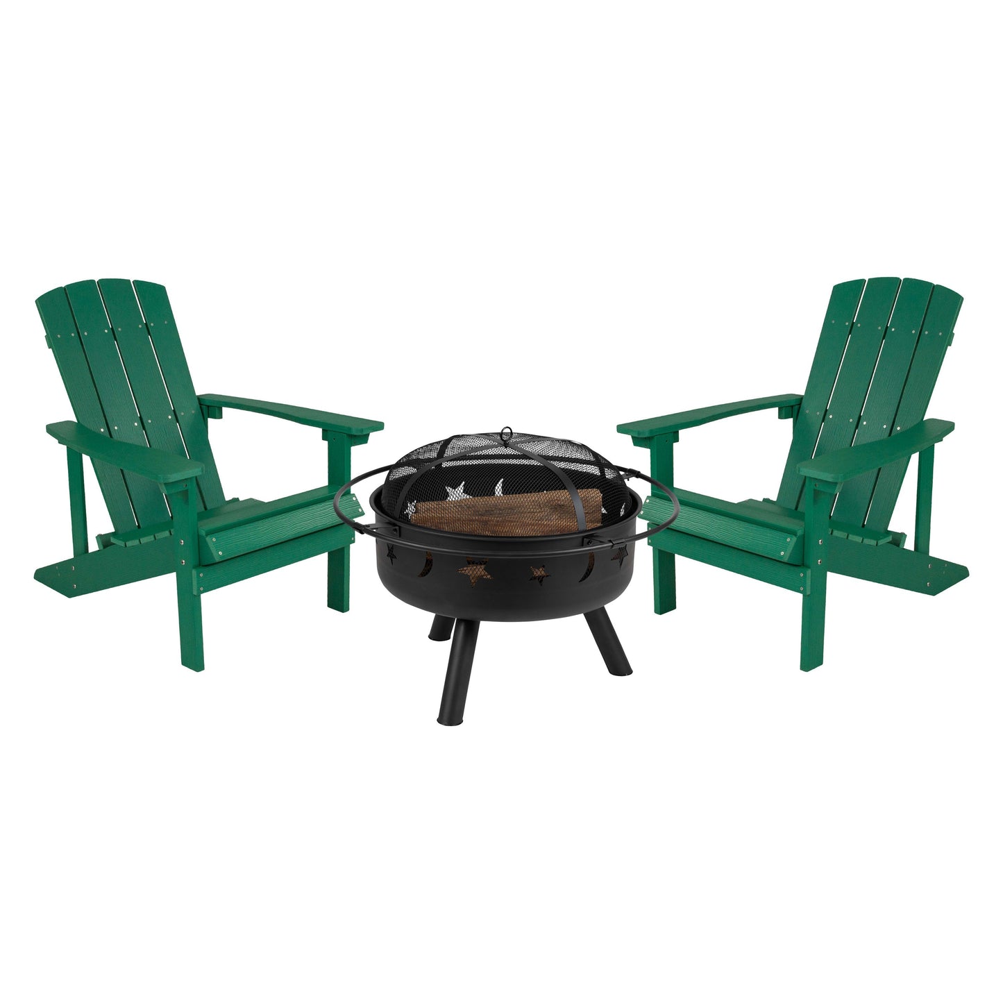 3 Piece Charlestown Poly Resin Wood Adirondack Chair Set with Fire Pit - Star and Moon Fire Pit with Mesh Cover