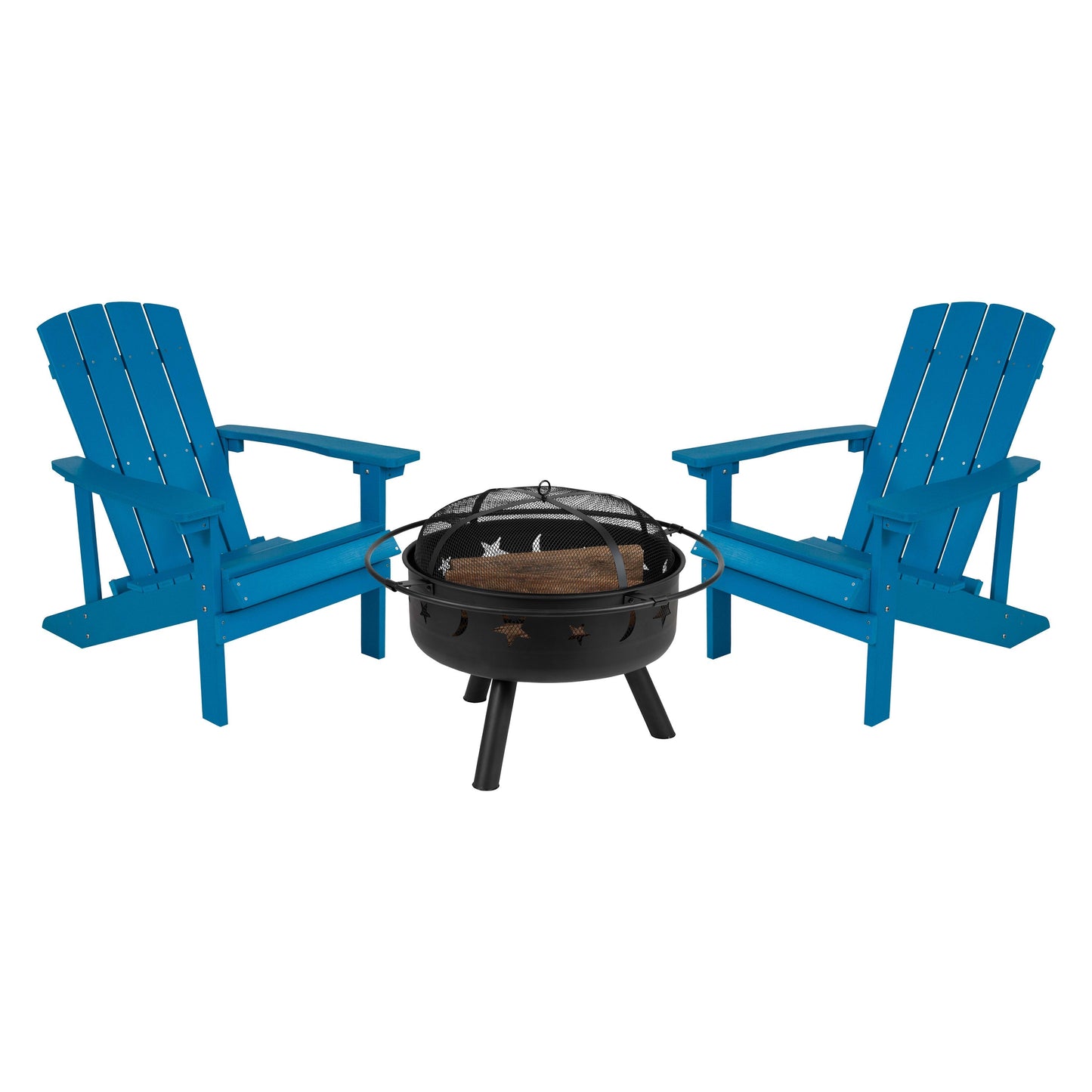 3 Piece Charlestown Poly Resin Wood Adirondack Chair Set with Fire Pit - Star and Moon Fire Pit with Mesh Cover