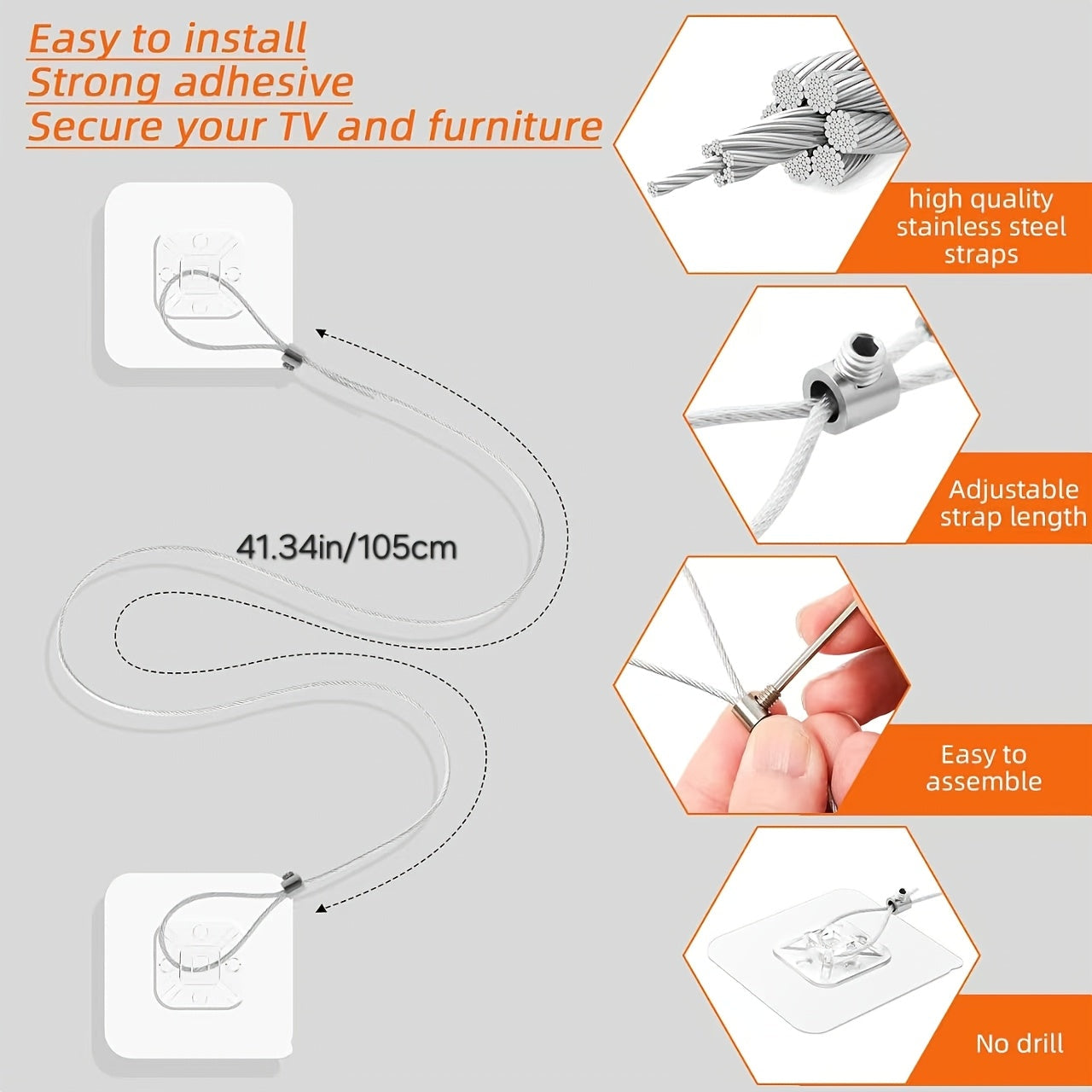 105cm TV Safety Strap, No-Drill Anti-Tip Anchor TJR8X3S