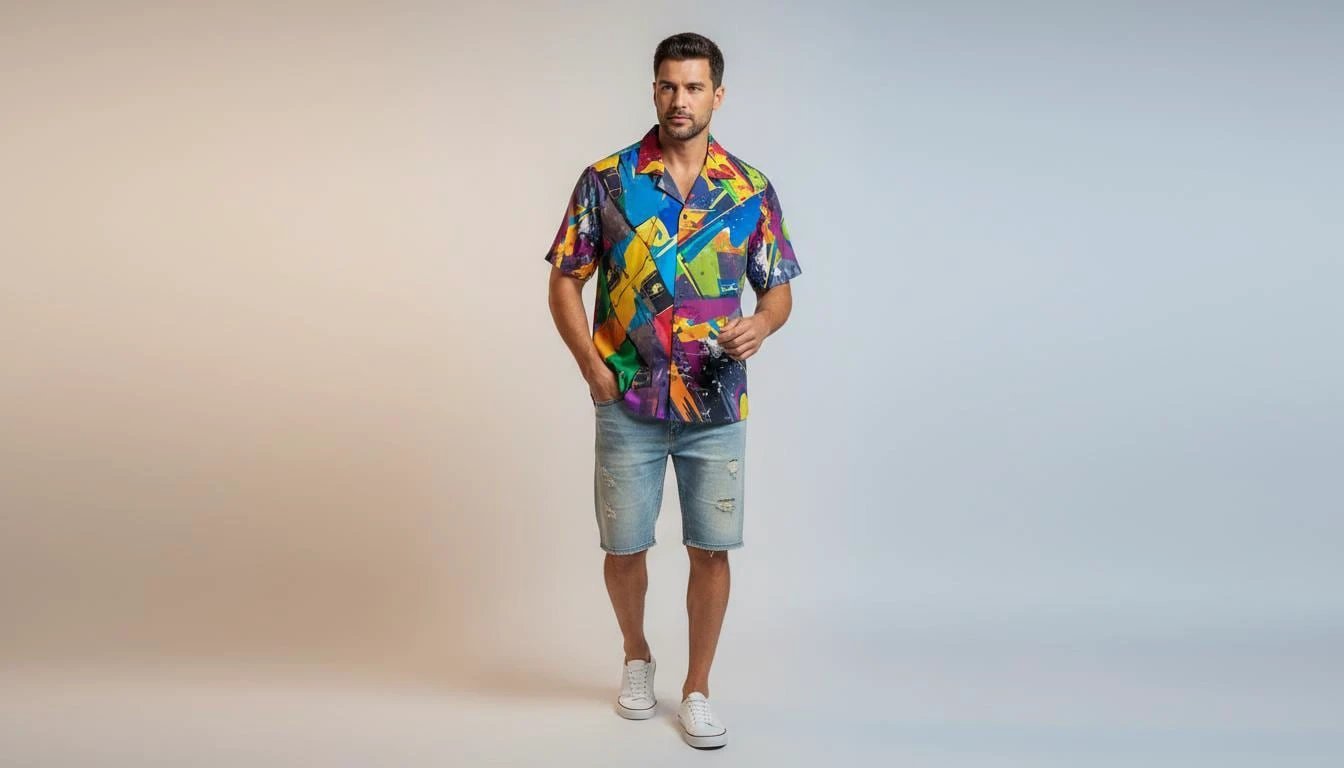 Trippy Tropics Vaporwave Hawaiian Shirt - Vibrational Vector AOP Button-Up for Cyber-Vacation & Festivals
