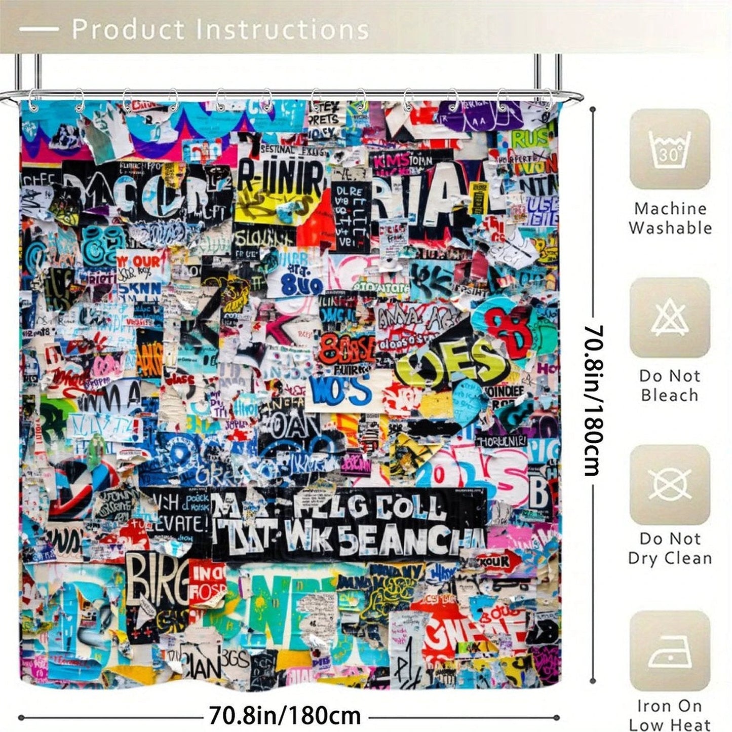 Sticker Bomb Shower Curtain — Waterproof Graffiti Collage AOP Bathroom Statement, Dopamine Decor