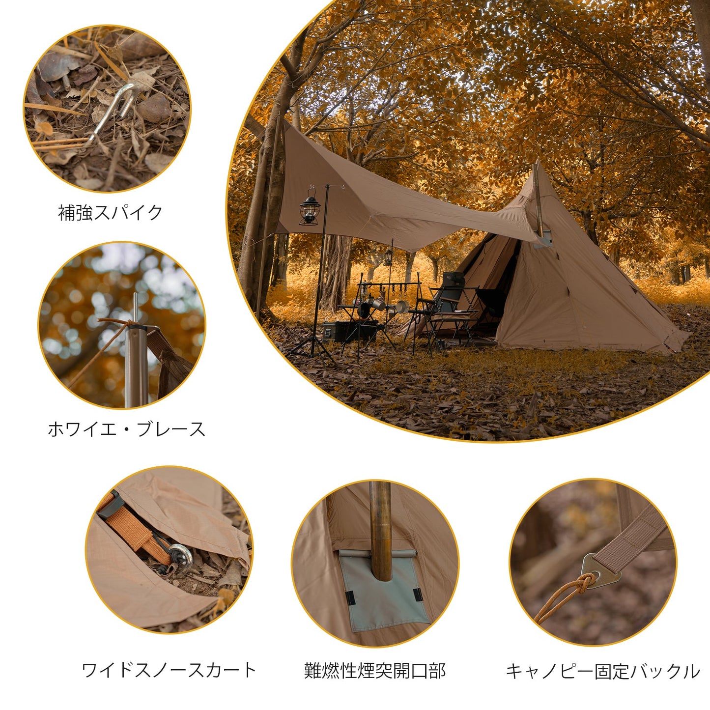 ワンポールテント 300Ⅾオックスフォード シルバーコーティング工芸 煙突付き 多功能金字塔テント 2~3人用 設営簡単