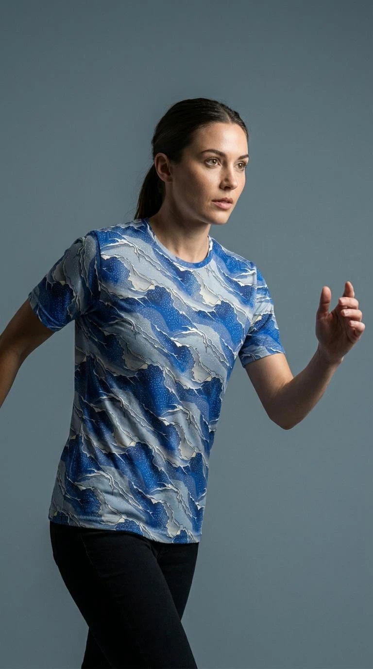 Seigaiha Wave AOP T-Shirt | Blue Geometric Pattern 140g