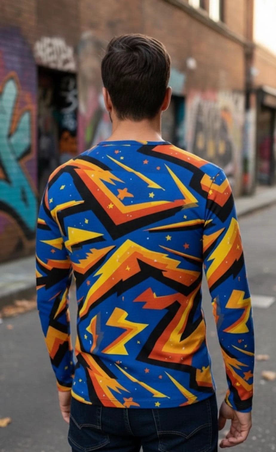 Men's Lightning AOP Henley Shirt for Maximalist Cyberpunk Streetwear Dressers — Long Sleeve Bold Print Statement Top