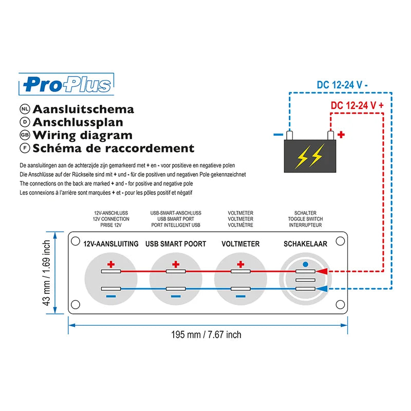 ProPlus Inbouw kit: stekkerdoos DIN + voltmeter + USB poort 2x type A 4200mA
