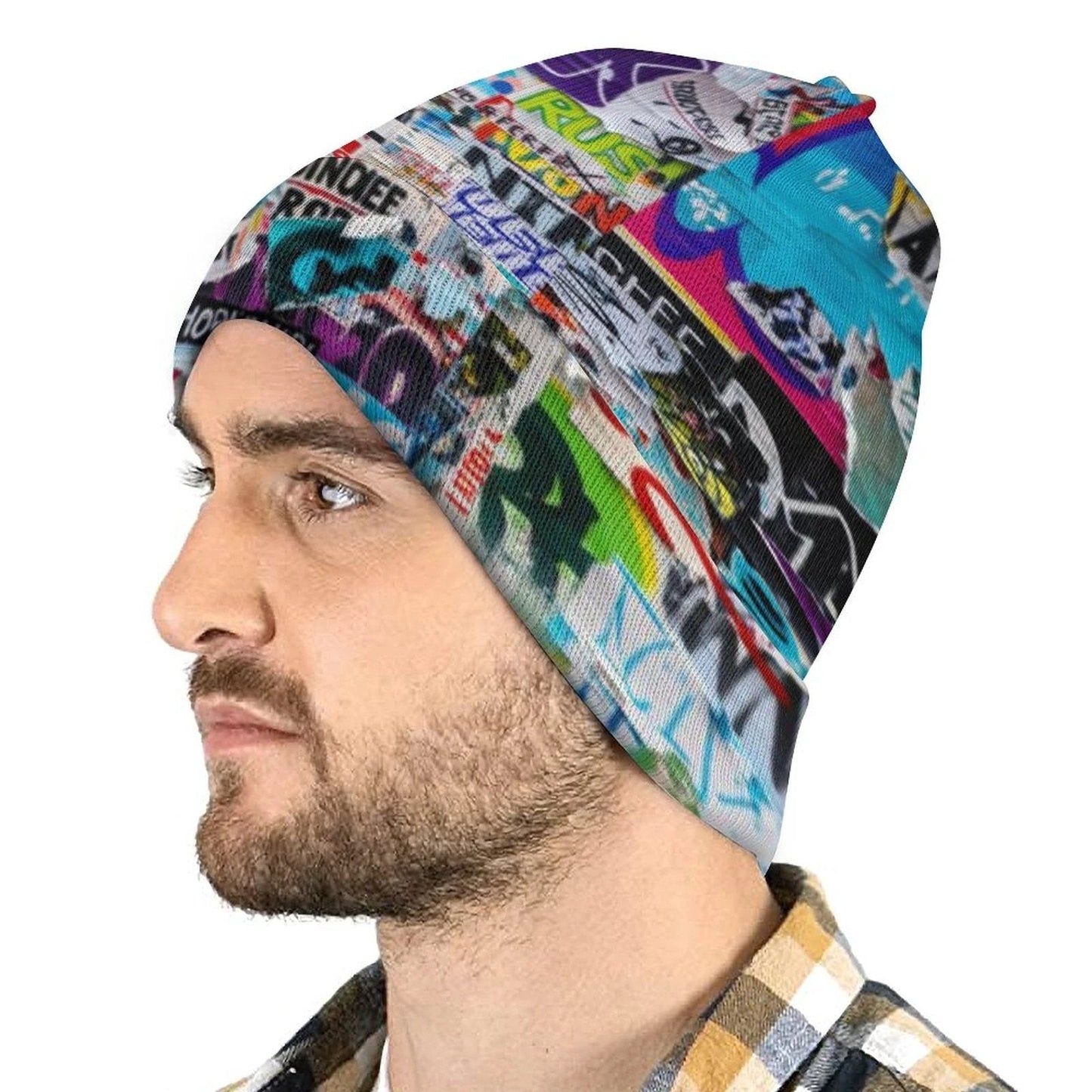 Tag Collage AOP Knit Beanie – All-Over Print, One Size