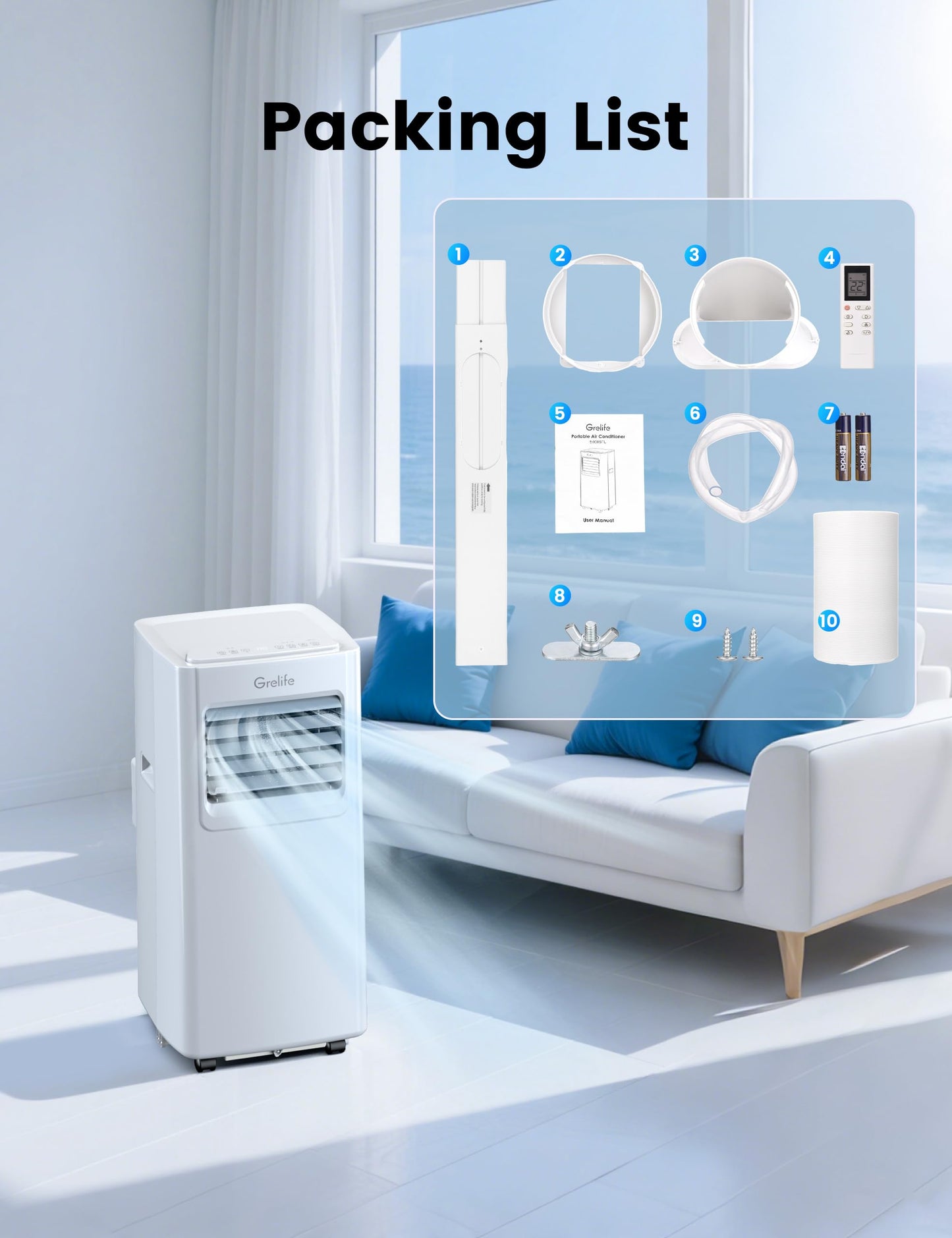 Grelife portable AC, fan & dehumidifier, smart/sleep modes, ultra-quiet 48dB, for 400 sq.ft rooms