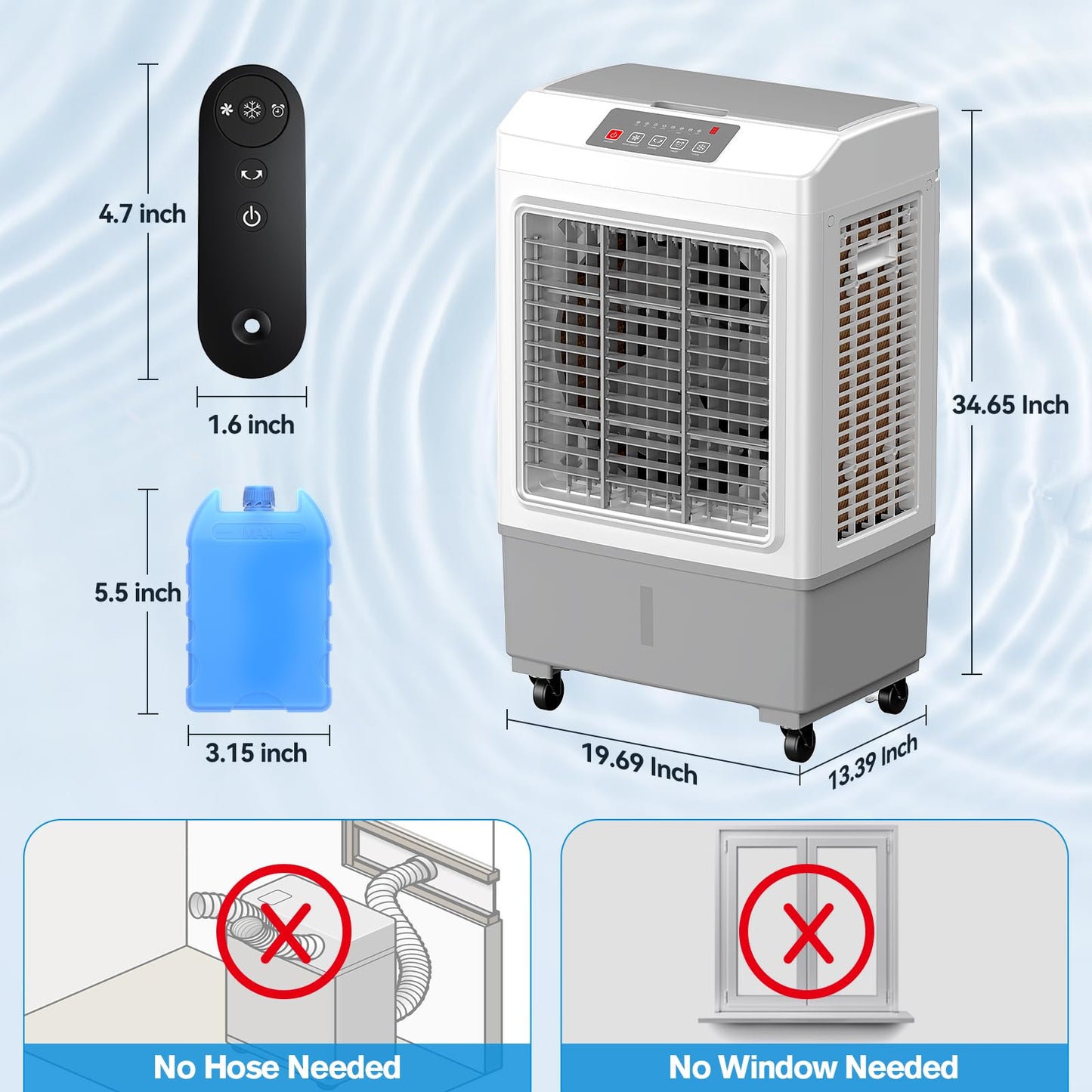 3-in-1 evaporative air cooler, remote control, 5.3-gal tank, timer, for home & outdoor use