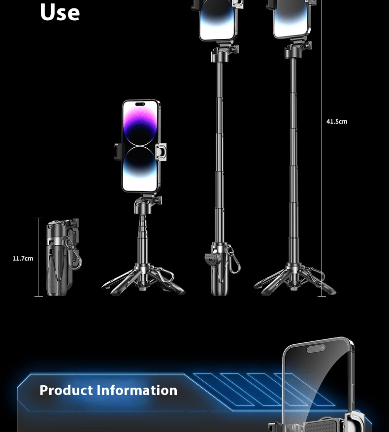 Wireless Selfie Stick with Handle Assistant, 3-in-1 Extendable Phone Holder - HMTA0M2