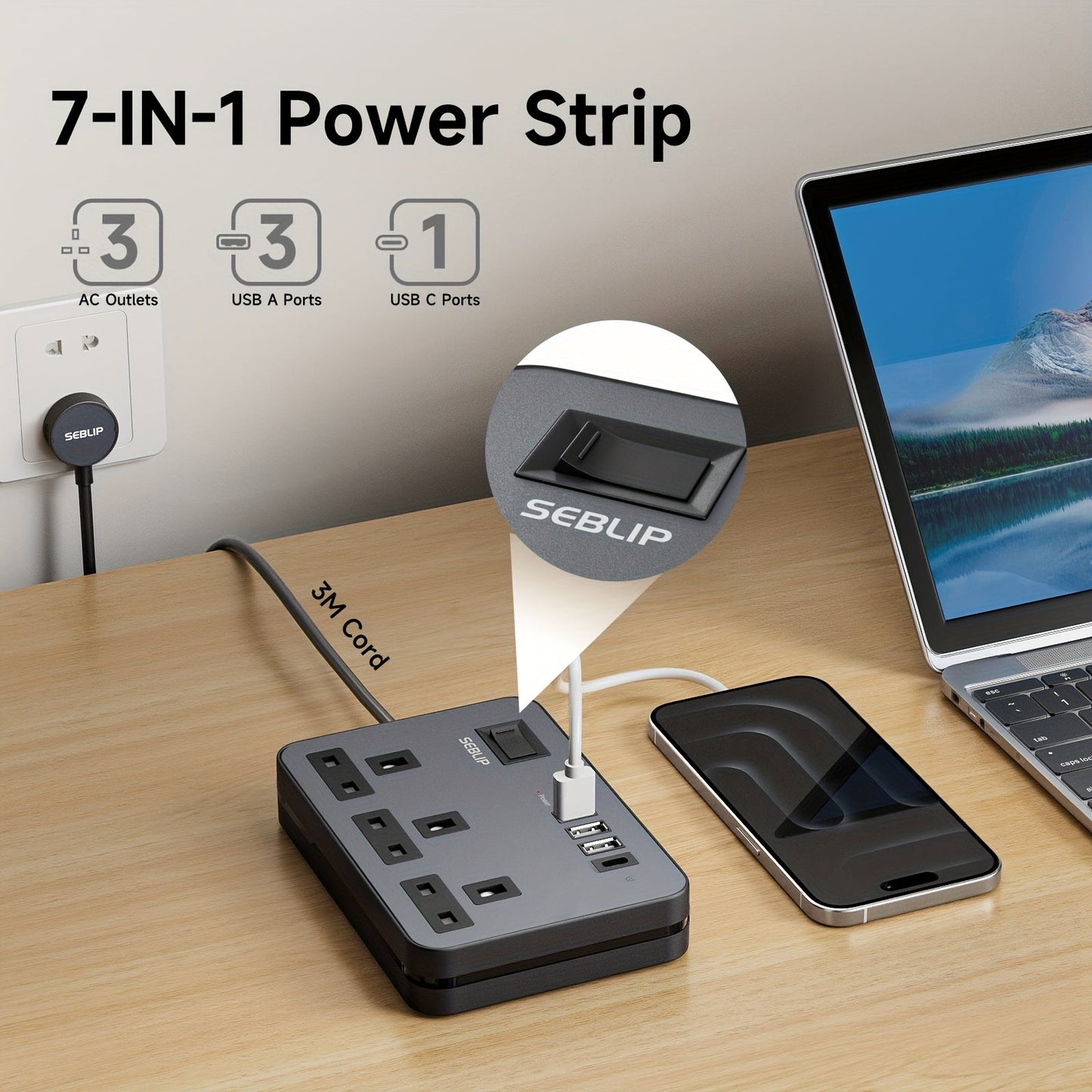 7in1 Flat Plug Power Strip- HMT17PP
