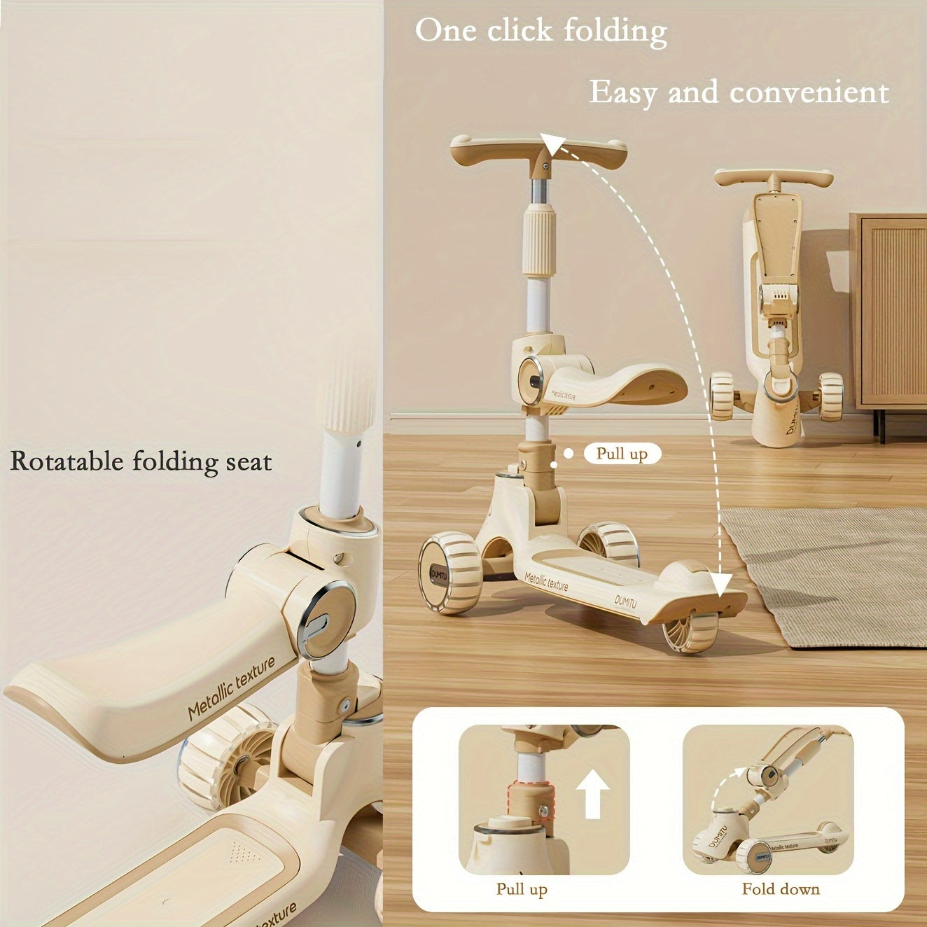 3-in-1 Kids' Scooter with Lights, Foldable & Seat Feature TJR9P6B