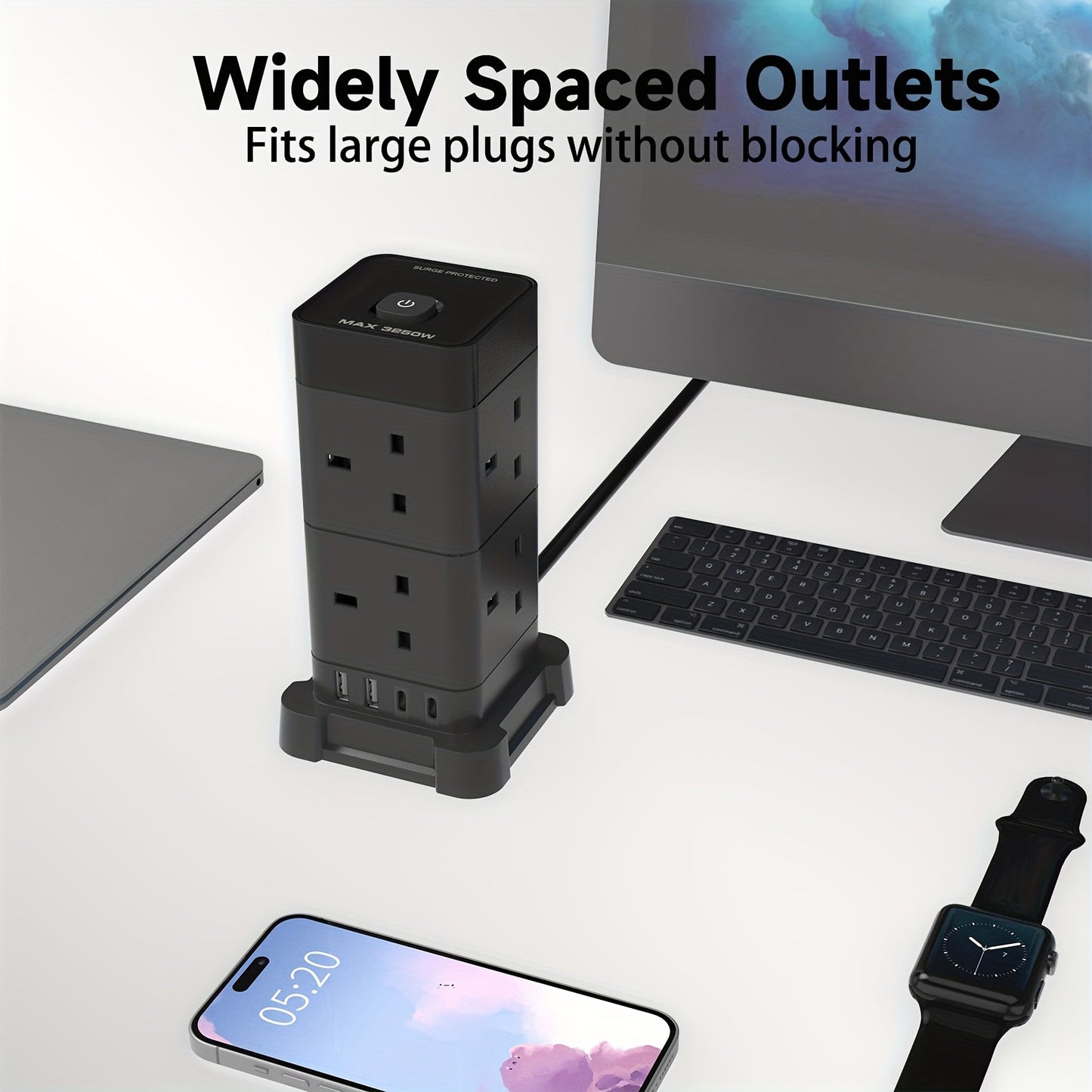 12-Outlet Tower Extension Lead with 4 USB Ports TJR3L6N