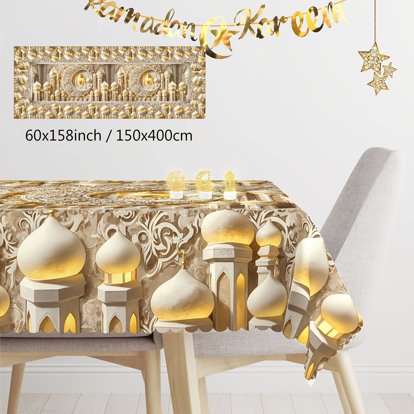 Elegant White Moon & Islamic Architecture Tablecloth TJR9M6D