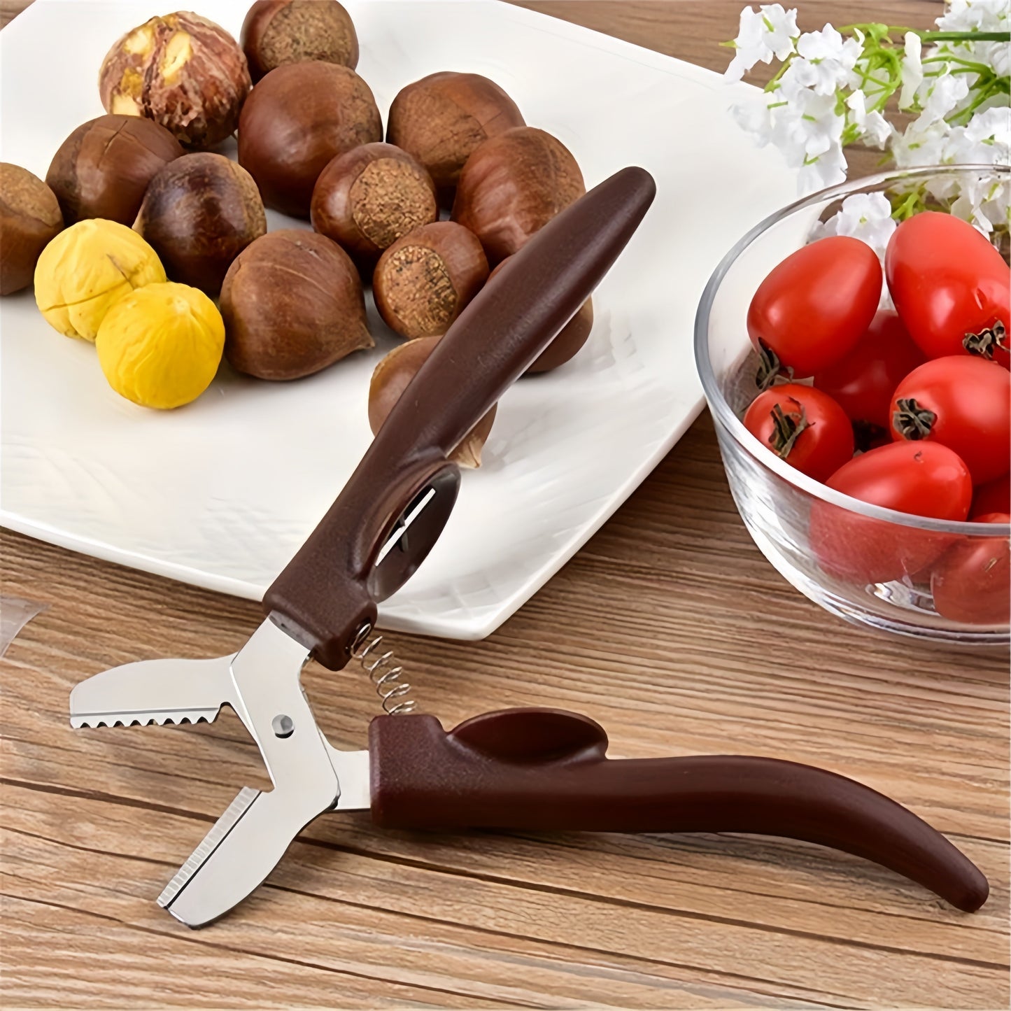 Stainless Steel Chestnut Cracker with Ergonomic Wood Handle-OOMJ
