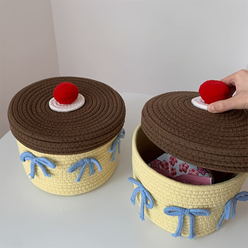 Hand Woven Round Yellow Cute Thread Woven Storage Basket - DIVH